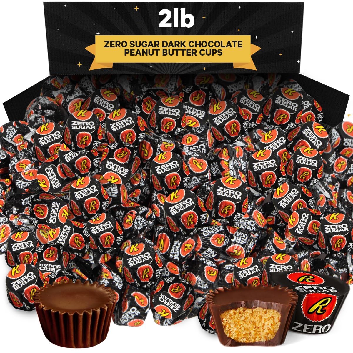 Zero Sugar Miniatures Dark Chocolate, 2 Pound Zero Sugar Peanut Butter Cups Delights, Indulgent Dark Chocolate Peanut Butter Cups For Enjoyment