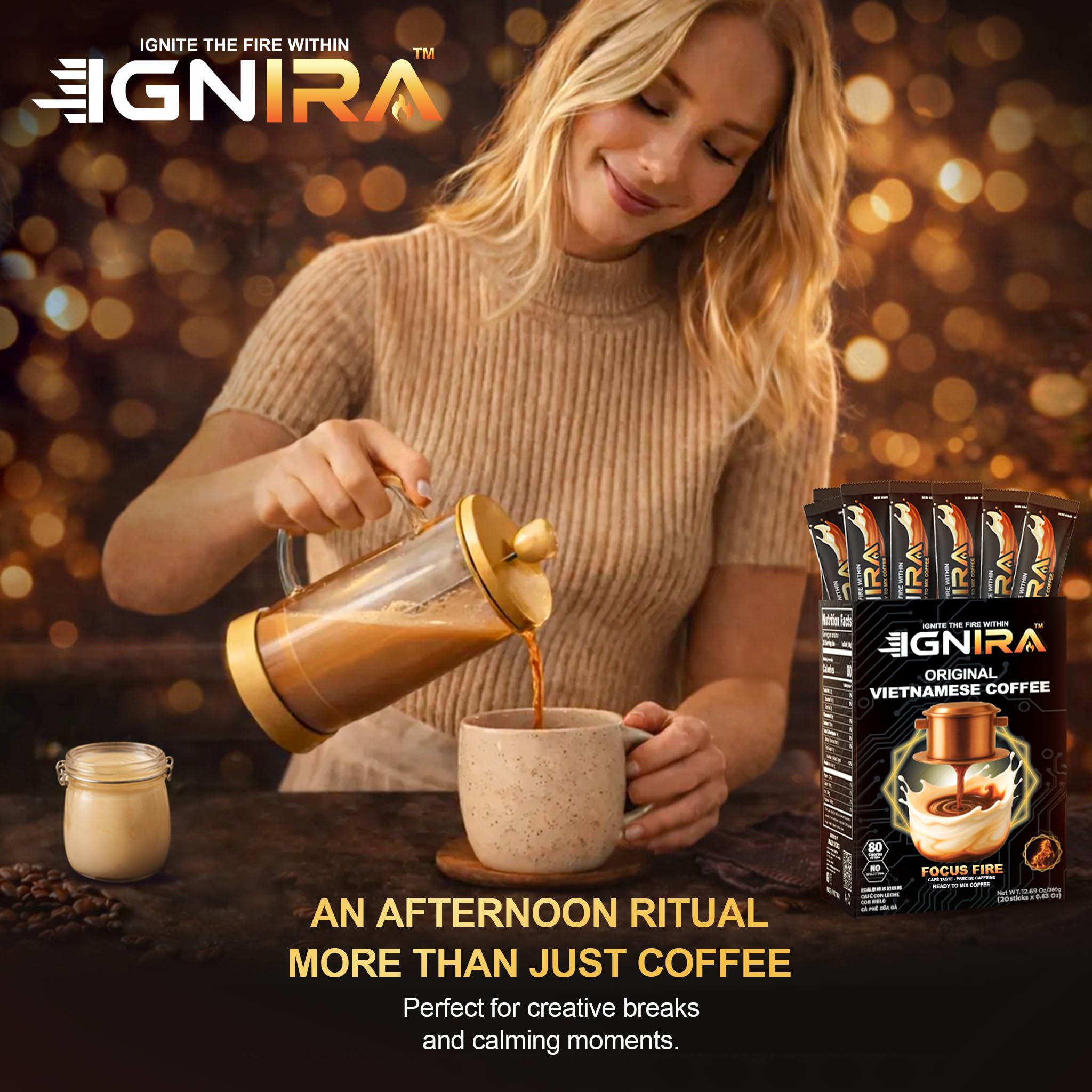 IGNIRA Original Instant Coffee - Hot or Iced Milk Coffees, Premium Robusta Instant Coffee Packets, Not Too Sweet, No Cholesterol, No Soybeans