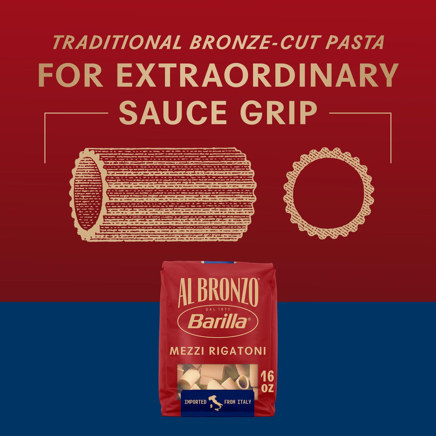 Barilla Al Bronzo Mezzi Rigatoni Pasta 16 oz., Bronze Cut, Created from Durum Wheat, Imported From Italy, Non-GMO, Kosher
