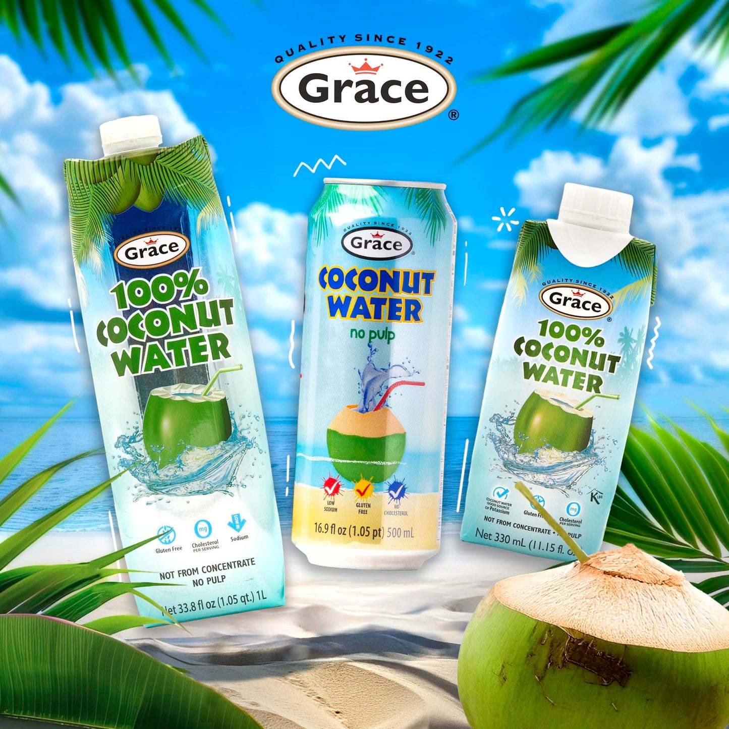 Grace 100% Pure Coconut Water - 1 Liter - 3 Pack - Fresh Coconut Water