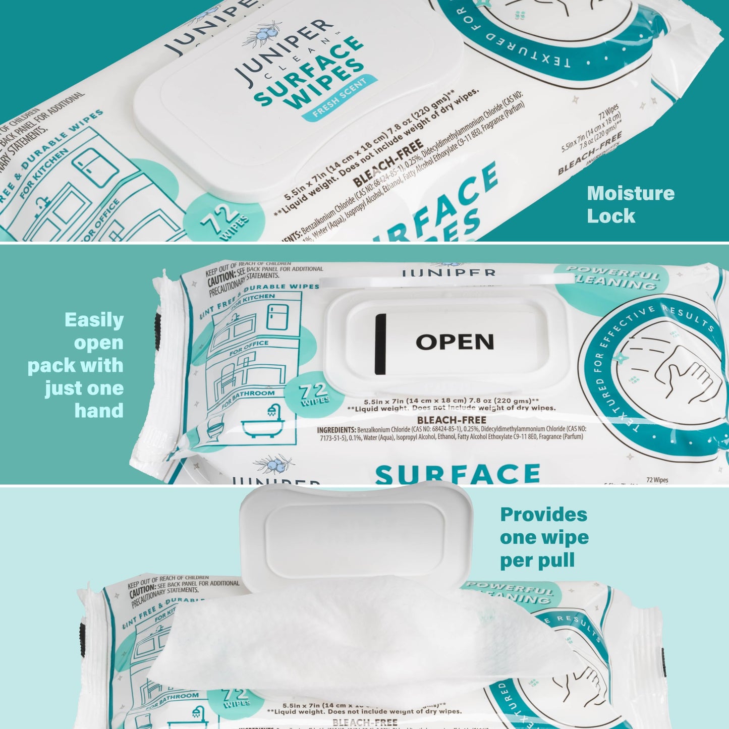 Juniper CLEAN 24 Pack Surface Cleaning Wipes Bleach Free, All-Purpose Cleaner for Bathroom, Kitchen, Office, 1728 Count Soft Flow, Fresh Scent, Bleach