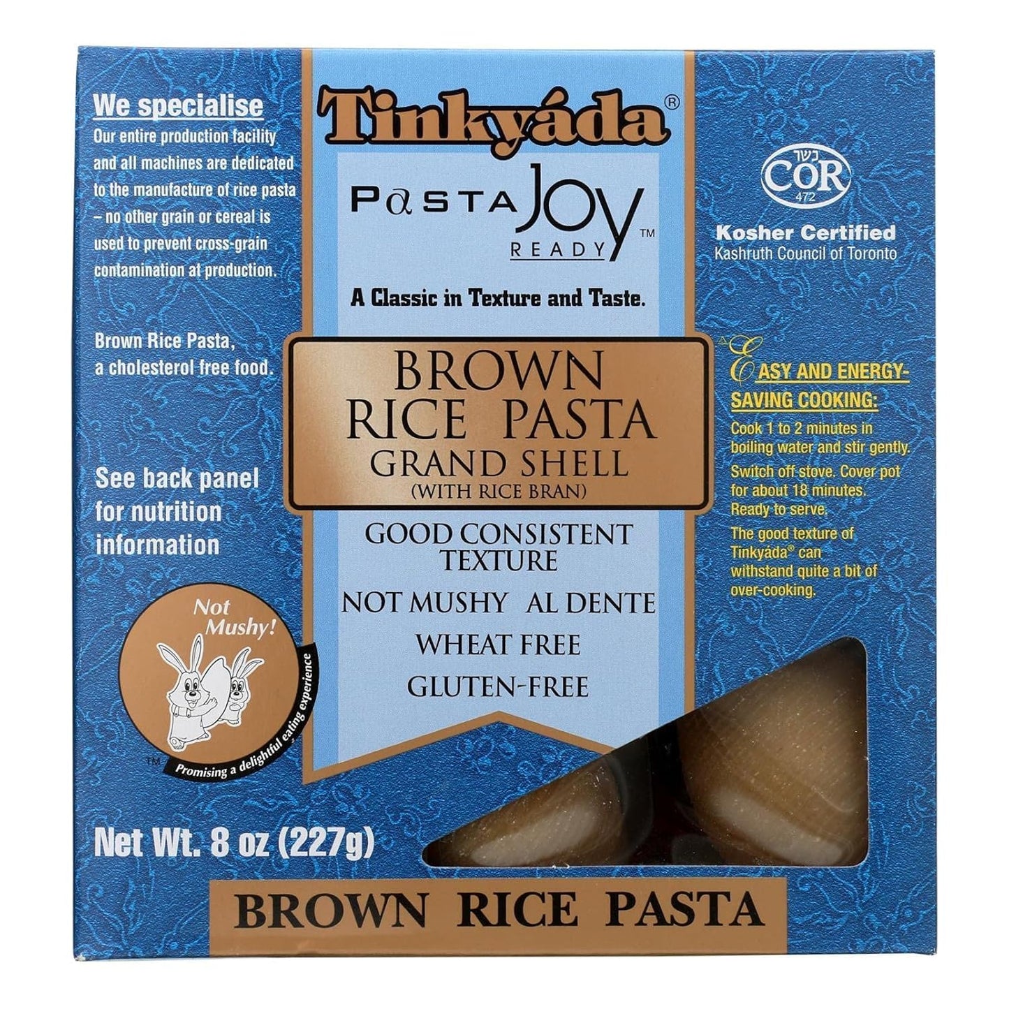 Tinkyada Grand Shell Brown Rice Pasta, Gluten Free, 8 oz Bags (Pack of 6) - Whole Grain Pasta for Everyday Meals