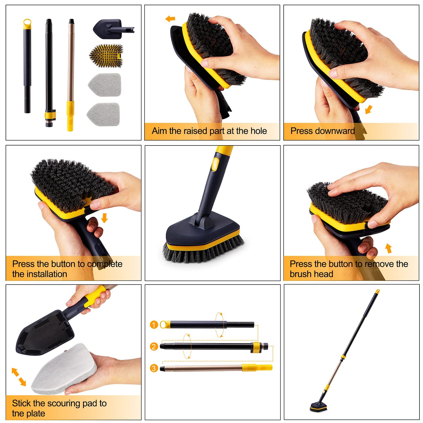 Yocada Tub Tile Scrubber Brush 2 in 1 Cleaning Brush 4*Scouring Pads 58.2 Inch Adjustable Telescopic Pole Stiff Bristles for Cleaning Bathroom Kitchen