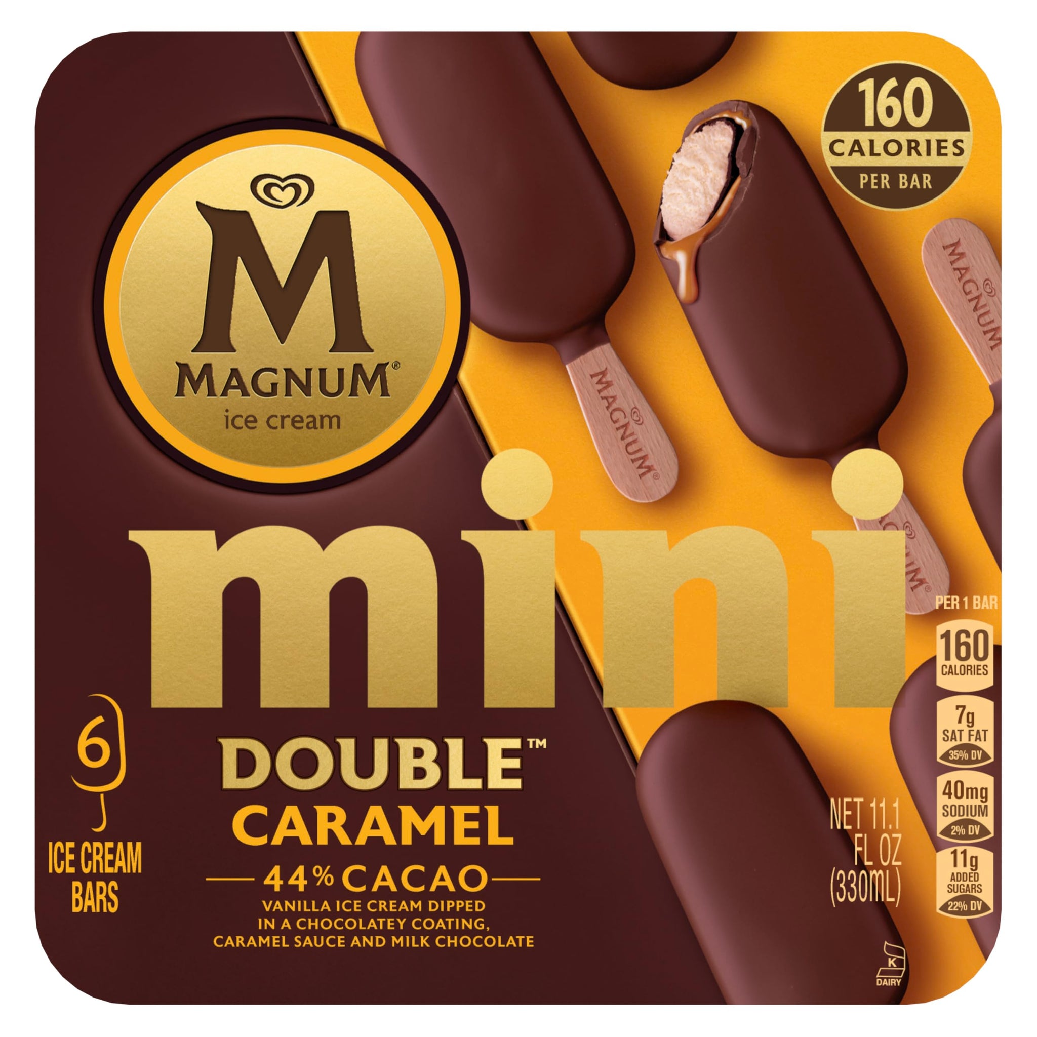 Magnum Mini Ice Cream Bars 6 Count Double Caramel for an Indulgent Ice Cream Made with Premium Milk Chocolate, 44% Cacao 11.1 oz