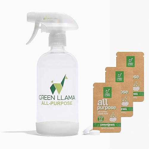 Green Llama Eco-Friendly All-Purpose Cleaning Spray | 16oz Glass Bottle, 3 Refill Tablets | Lemon Grass Scent | Natural, Sustainable, Safe for Home