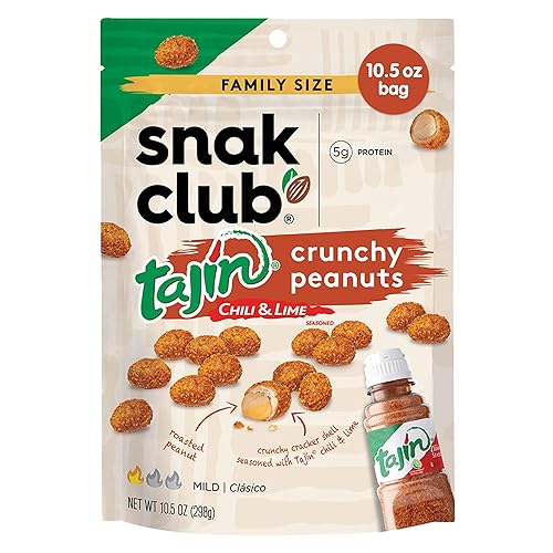 Snak Club Tajin Crunchy Peanuts, Nuts with Chili and Lime Seasoning, Mild, 10.5 oz Resealable Bag