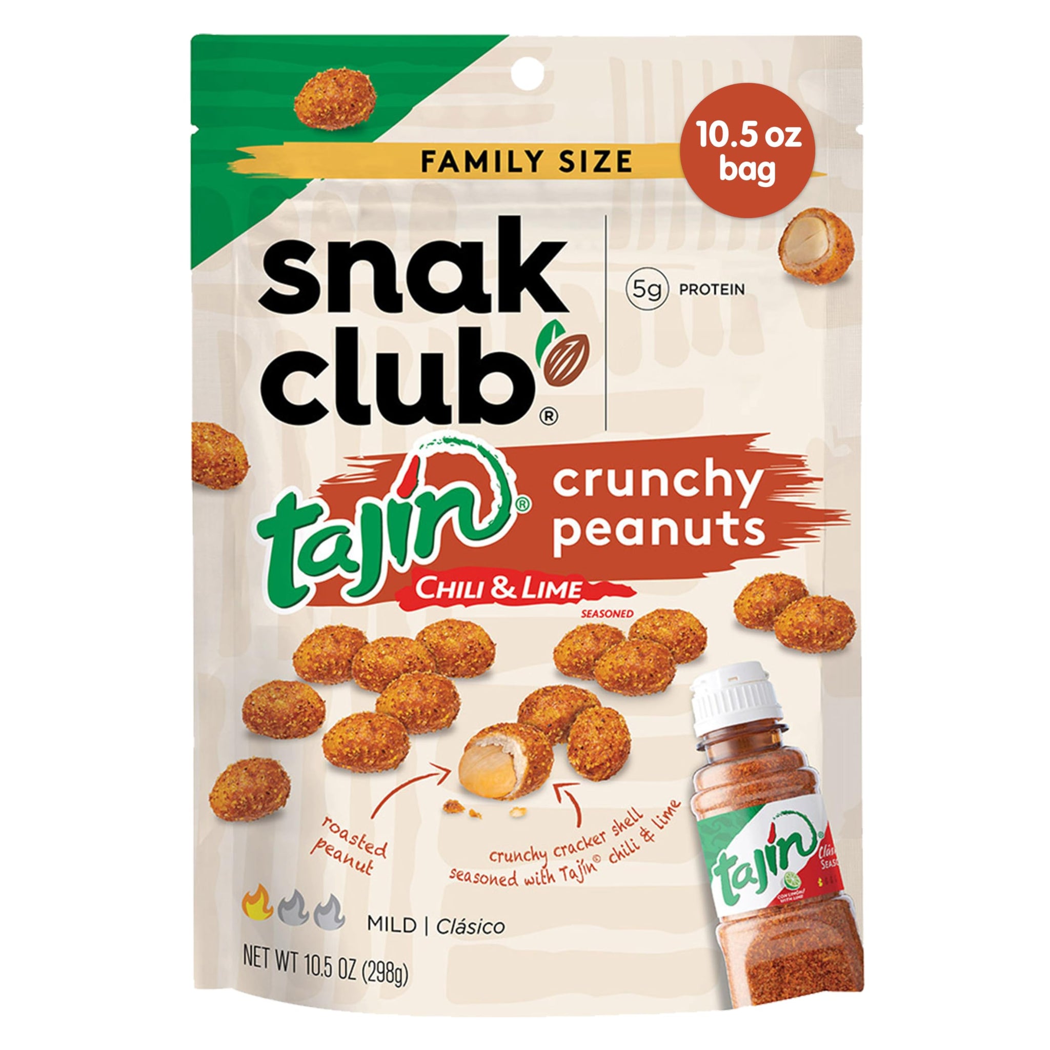 Snak Club Tajin Crunchy Peanuts, Nuts with Chili and Lime Seasoning, Mild, 10.5 oz Resealable Bag