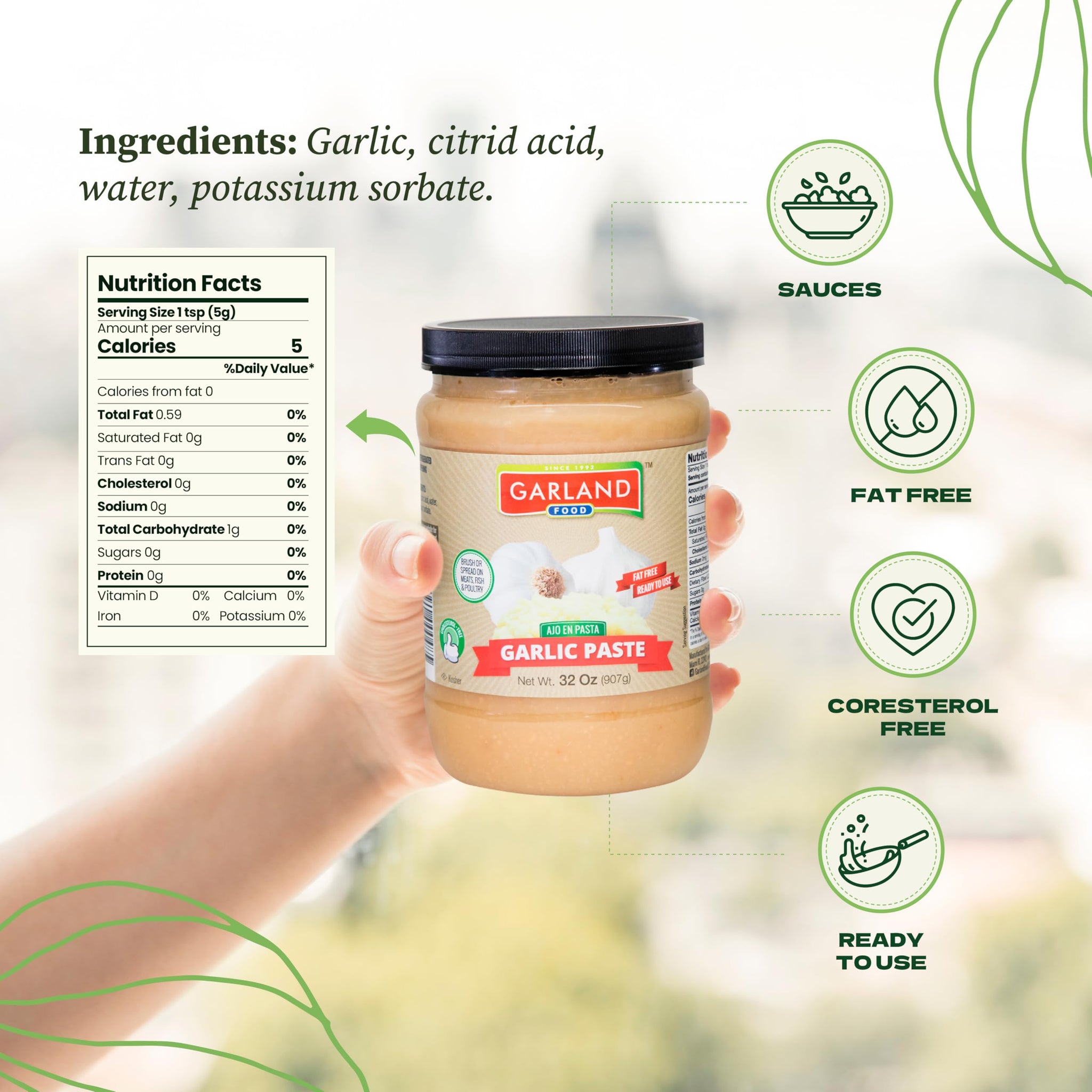 Garland Food Garlic Paste 32 oz - Smooth & Flavorful Garlic Spread for Cooking, Marinades, and Easy Meal Prep