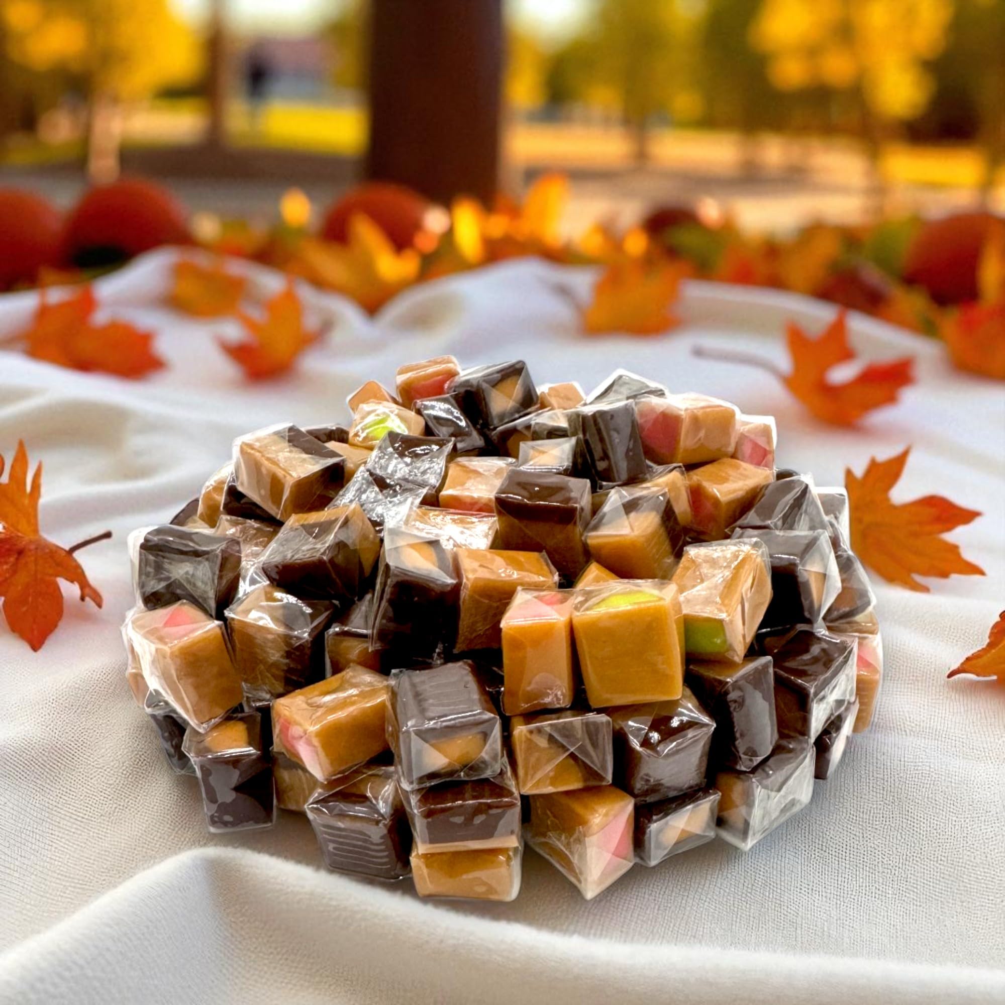 Decadent Caramel Cubes Assorted Flavors-,1.5 lbs Filled Creamy Caramels Apple, Strawberry, Vanilla Chocolate, and Creamy Orange- Individually Wrapped