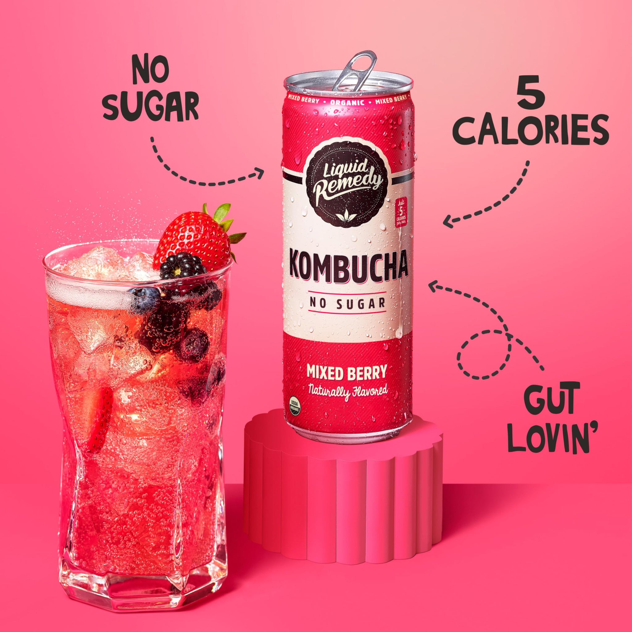 Liquid Remedy Kombucha Sugar Free Organic Drink, Low Calorie, Probiotic Like Tea for Gut Health - Mixed Berry - 12 Fl Oz Can, 4-Pack