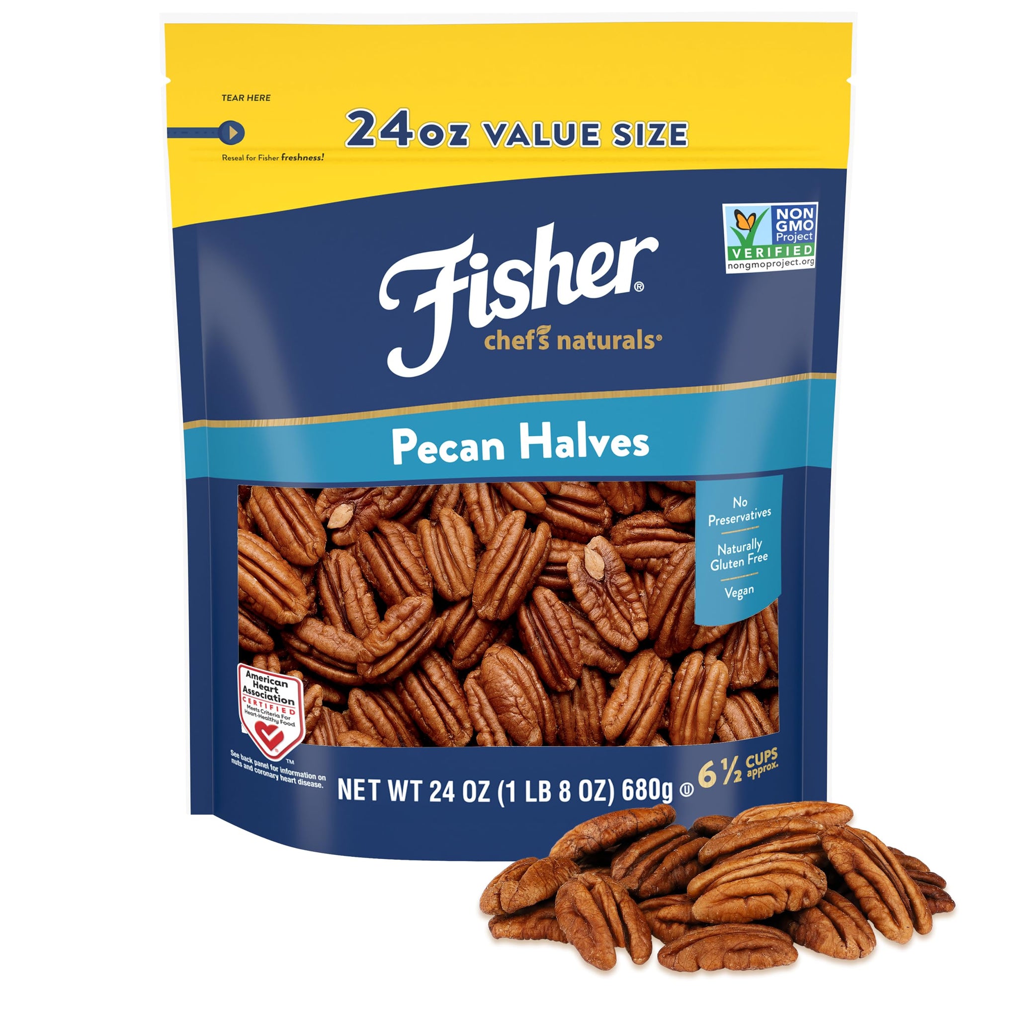 Fisher Chef's Naturals Pecan Halves 24 oz Resealable Bag, Unsalted Raw Nuts for Cooking, Baking & Snacking, Healthy Snacks for Adults, Vegan Protein