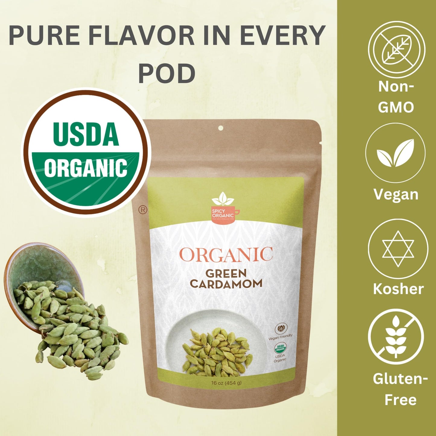 SPICY ORGANIC Green Cardamom Pods - 3 lb - Whole Cardamon Seeds for Authentic Spice Flavor, Natural Cardamon Pod for Tea, Cooking, and Baking- USDA