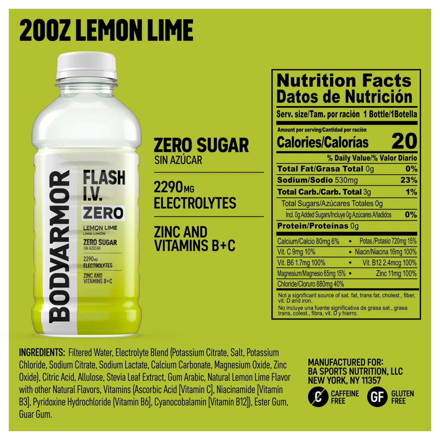 BODYARMOR Flash I.V. Zero Sugar Electrolyte Beverage, Lemon Lime, Hydration Drink For Rapid Rehydration, Post Workout Recovery, 20 Fl Oz (Pack of 12)