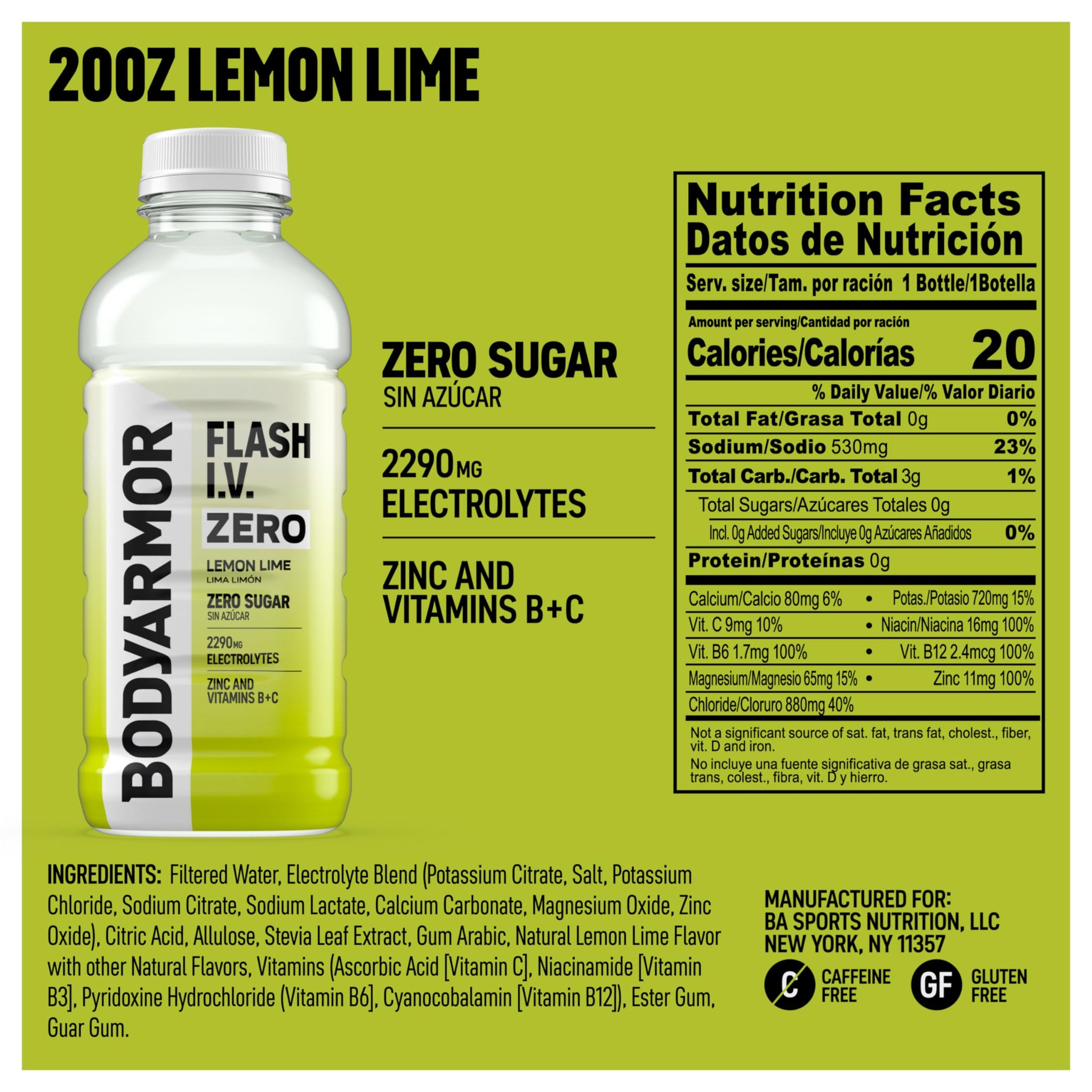 BODYARMOR Flash I.V. Zero Sugar Electrolyte Beverage, Lemon Lime, Hydration Drink For Rapid Rehydration, Post Workout Recovery, 20 Fl Oz (Pack of 12)