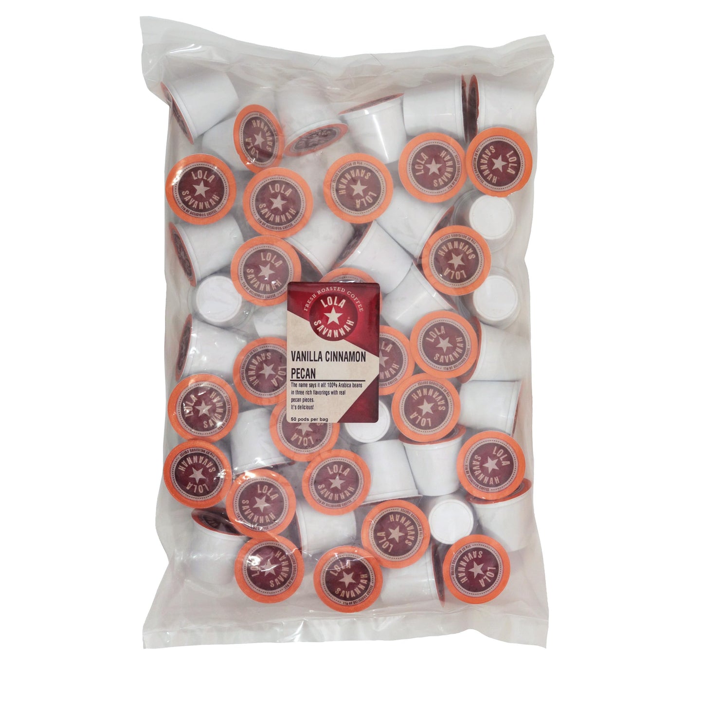 Lola Savannah Vanilla Cinnamon Pecan Caffeinated Coffee Pods Flavored Coffee in Pod Shaped Containers, 50 Count