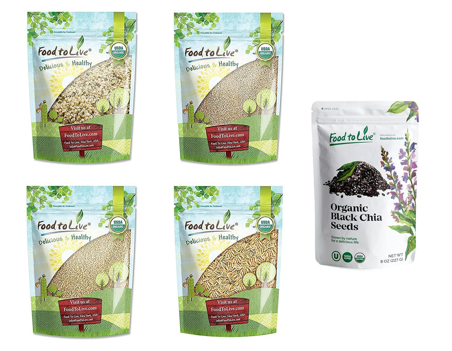 Food to Live Organic Super Seeds in a Gift Box - Hemp Seeds, White Quinoa, Amaranth, Brown Basmati Rice, and Chia Seeds