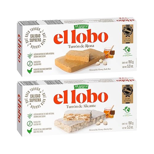 El Lobo Turron Alicante & Jijona Variety Pack, Spanish Hard & Soft Almond Nougat - Traditional Crunchy & Creamy Turrone From Spain, Gluten Free, 2