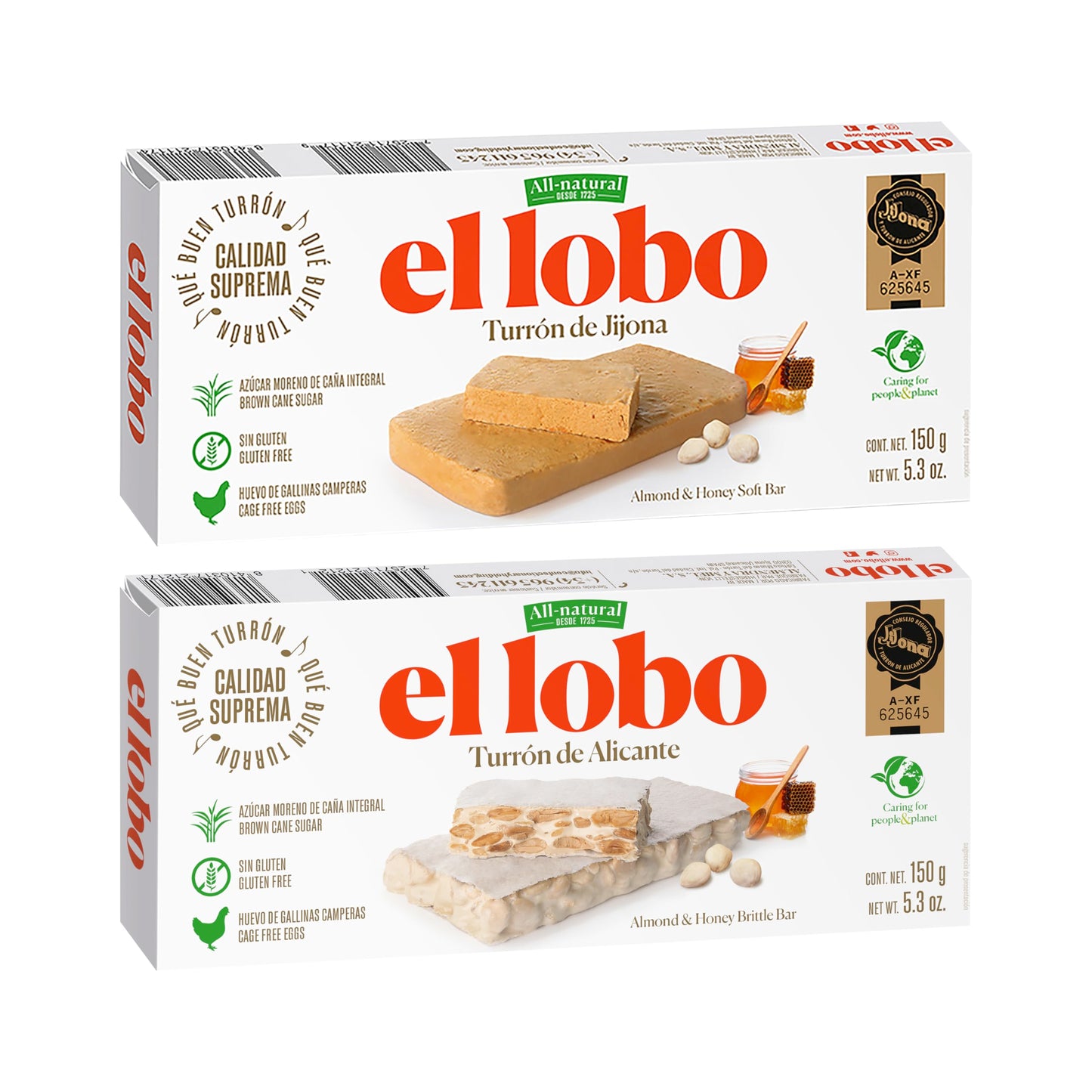 El Lobo Turron Alicante & Jijona Variety Pack, Spanish Hard & Soft Almond Nougat - Traditional Crunchy & Creamy Turrone From Spain, Gluten Free, 2