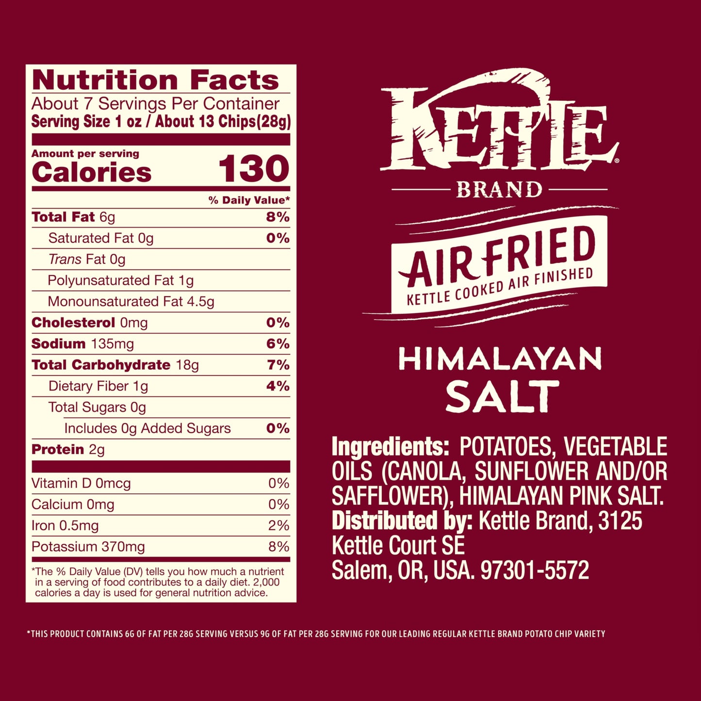 Kettle Brand Potato Chips, Air Fried Himalayan Salt Kettle Chips, 6.5 Oz Bag