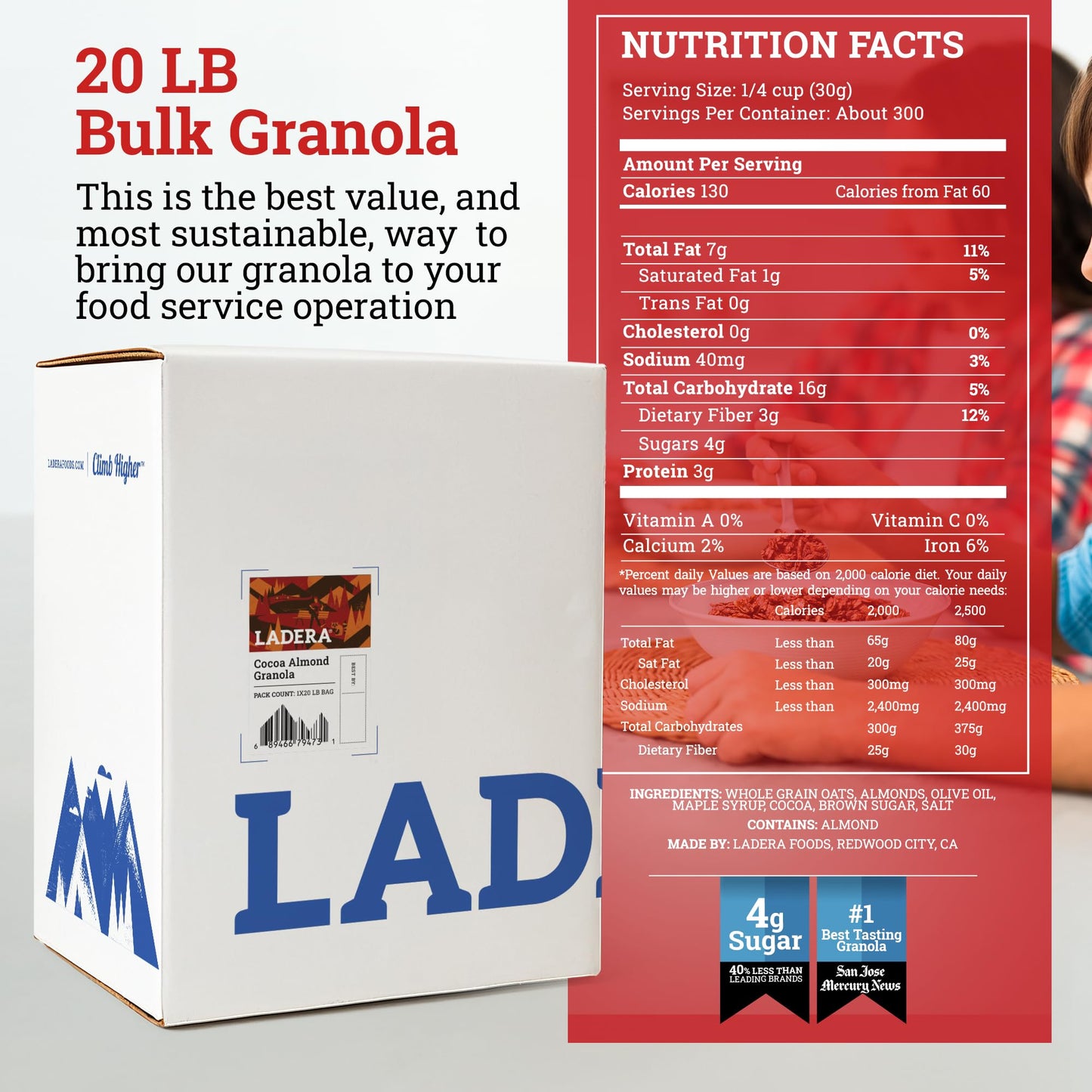 Ladera Cocoa Almond Granola - Low Sugar Chocolate Breakfast Cereal, Gluten Free & Vegan, Honest Ingredients, 20 LB