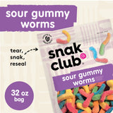 Snak Club Sour Gummy Worms, Assorted Sweet and Sour Gummies, Bulk Candy, Gluten-Free Snacks, Non-GMO, 32 oz Resealable Bag