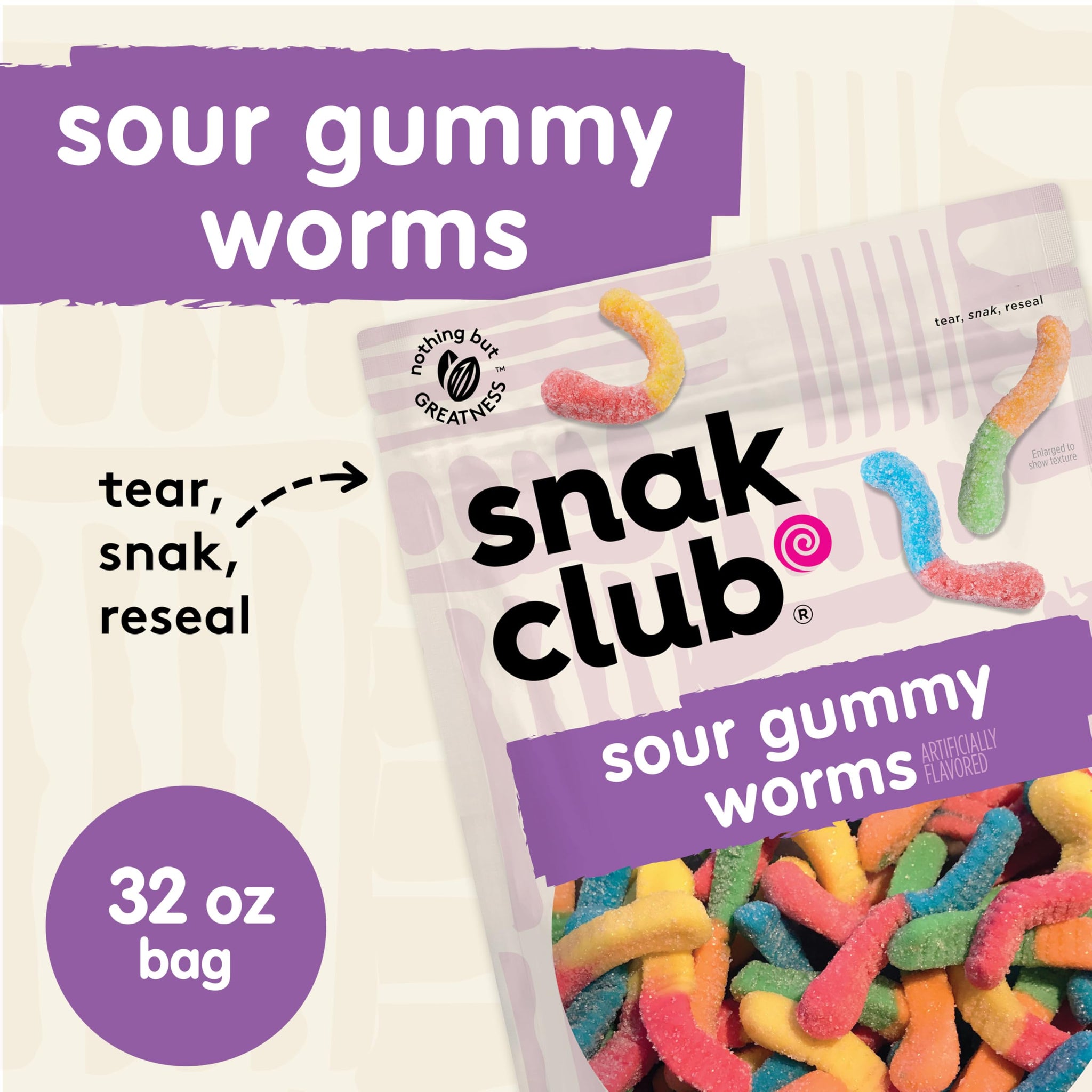 Snak Club Sour Gummy Worms, Assorted Sweet and Sour Gummies, Bulk Candy, Gluten-Free Snacks, Non-GMO, 32 oz Resealable Bag