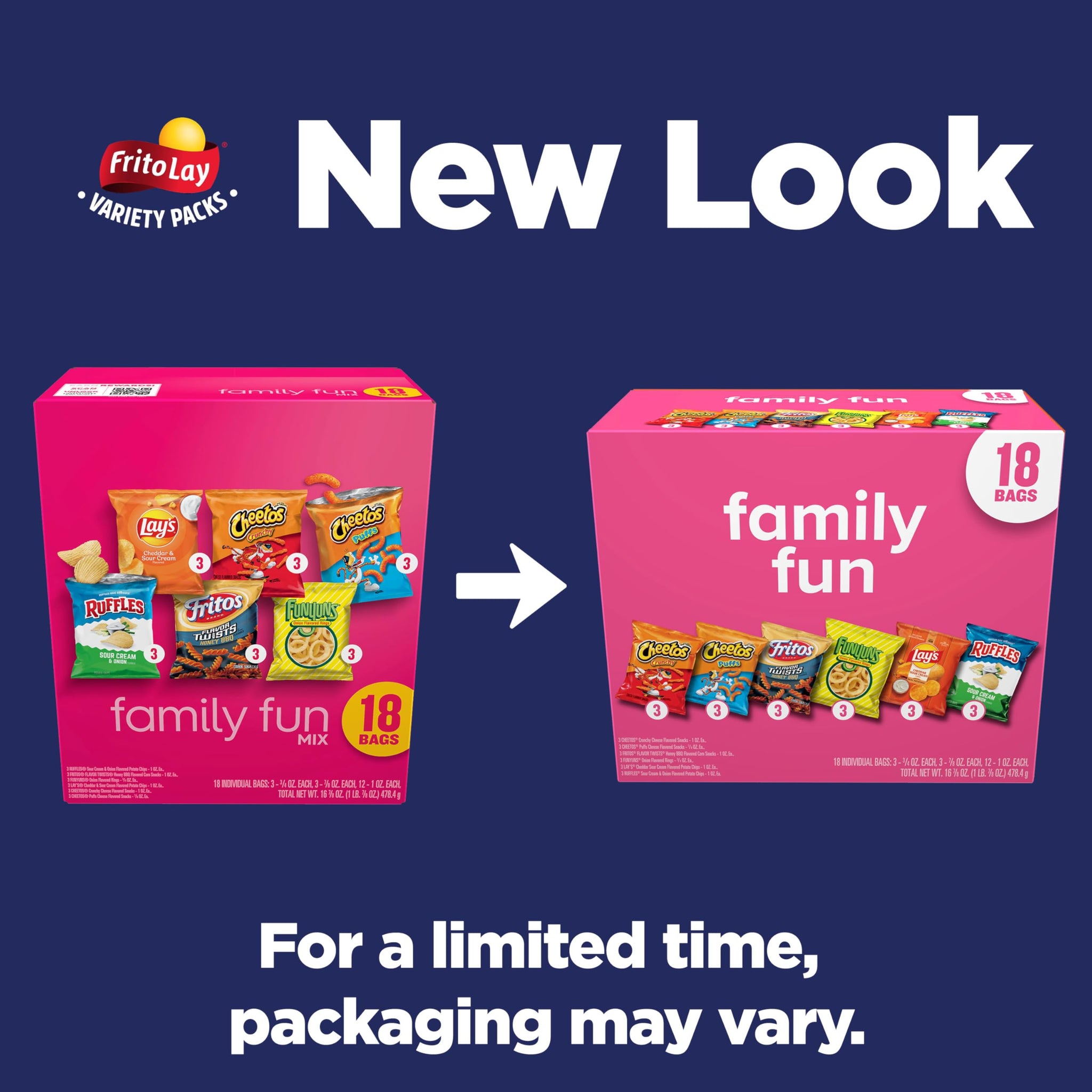 Frito-Lay Snacks Variety Pack, Family Fun Mix, Single Serve Snack Bags, (18 Pack), Ruffles, Fritos, Cheetos, Lay's, Funyuns, Chips