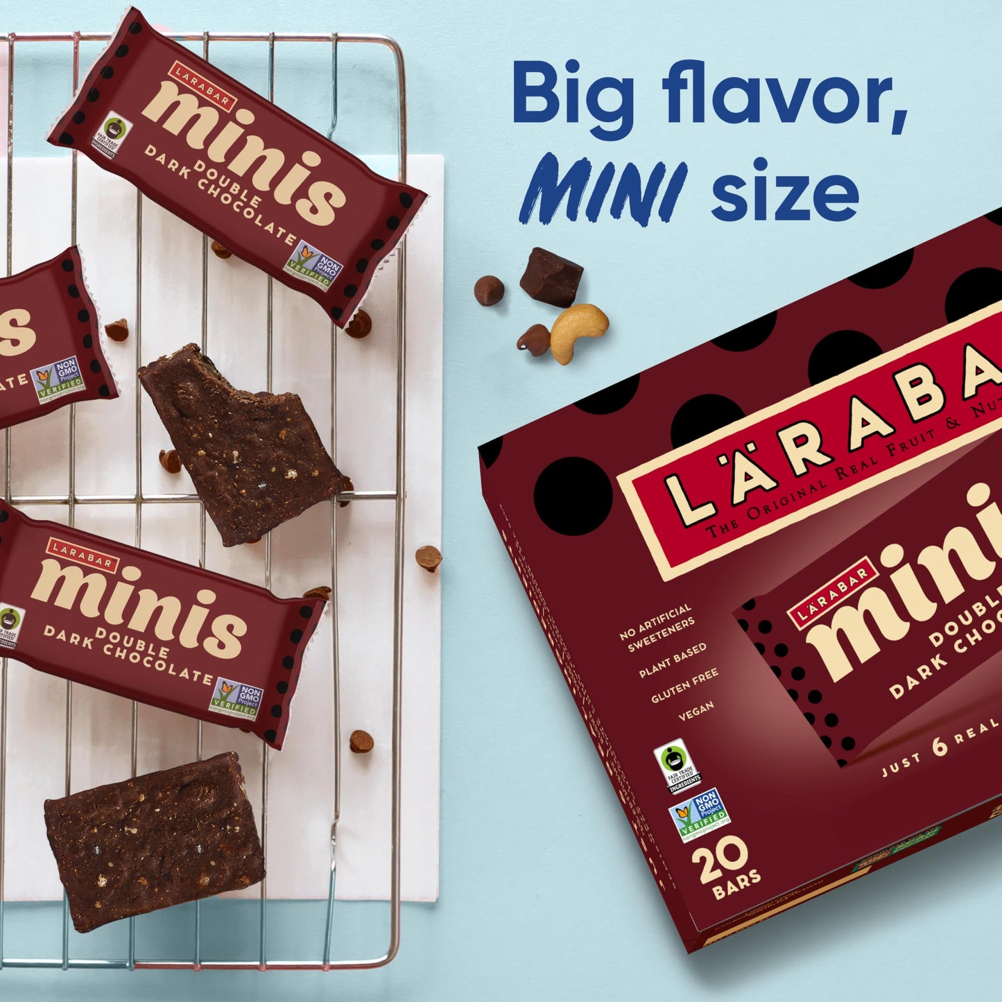 Larabar Minis Double Dark Chocolate Bars, Gluten Free Vegan Fruit and Nut Bars, 20 Bars, 15.6 oz