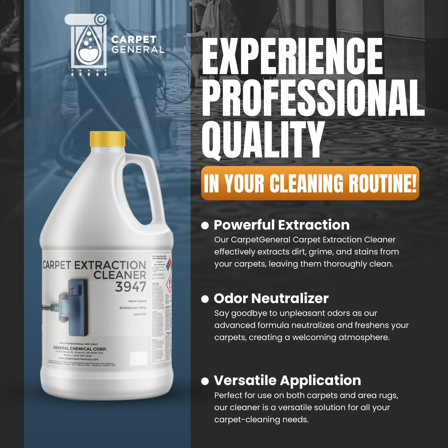 CarpetGeneral Carpet Extraction Cleaner - Water-Based Professional Deep Clean Carpet Cleaner Solution for Machine - Heavy Duty Stain Remover
