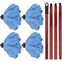 Microfiber Mop - 1 Mop Handle & 4 Blue Microfiber Mop Heads Replacement, Compatible with All Standard US Threading Pole Mop Handles for Floor Cleaning