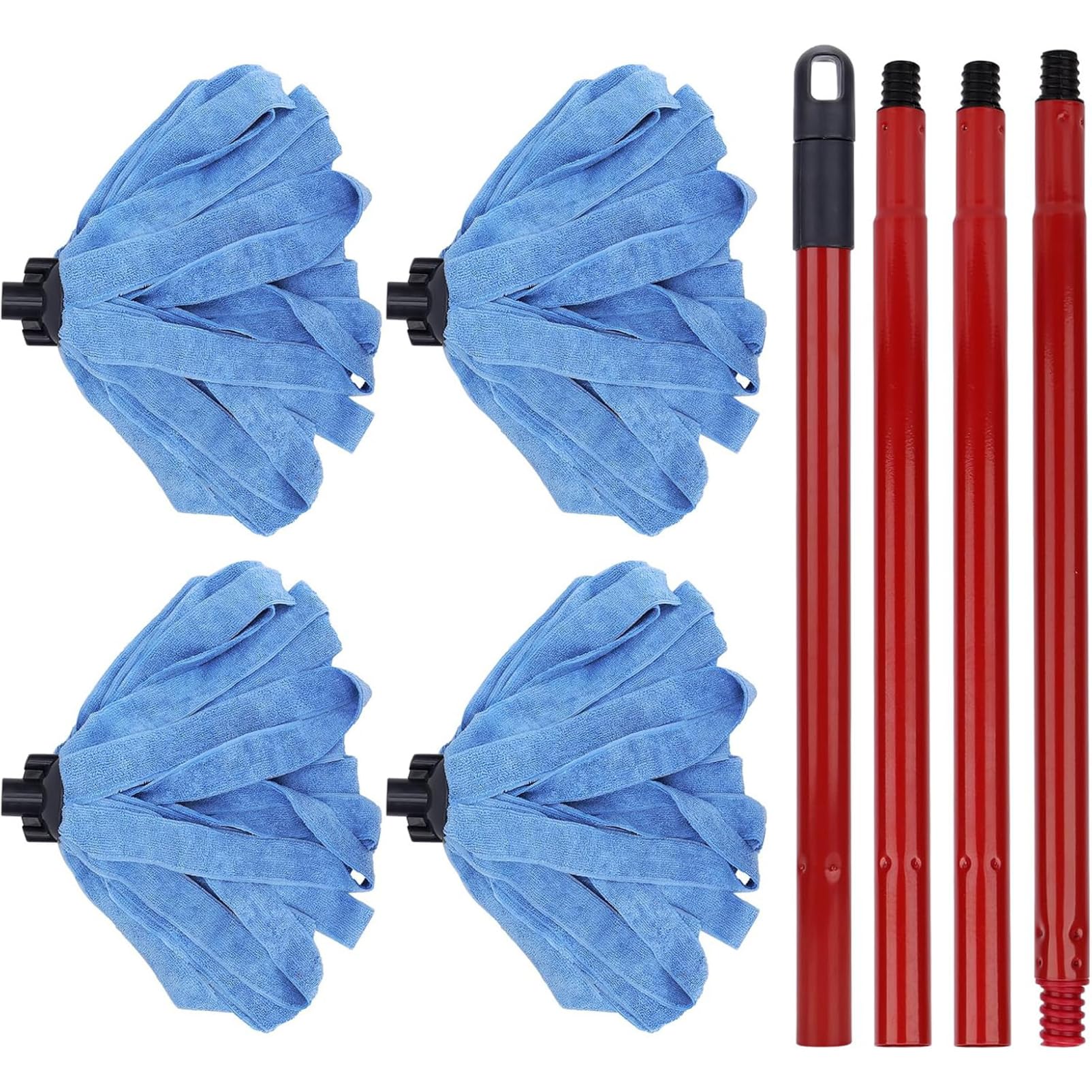 Microfiber Mop - 1 Mop Handle & 4 Blue Microfiber Mop Heads Replacement, Compatible with All Standard US Threading Pole Mop Handles for Floor Cleaning