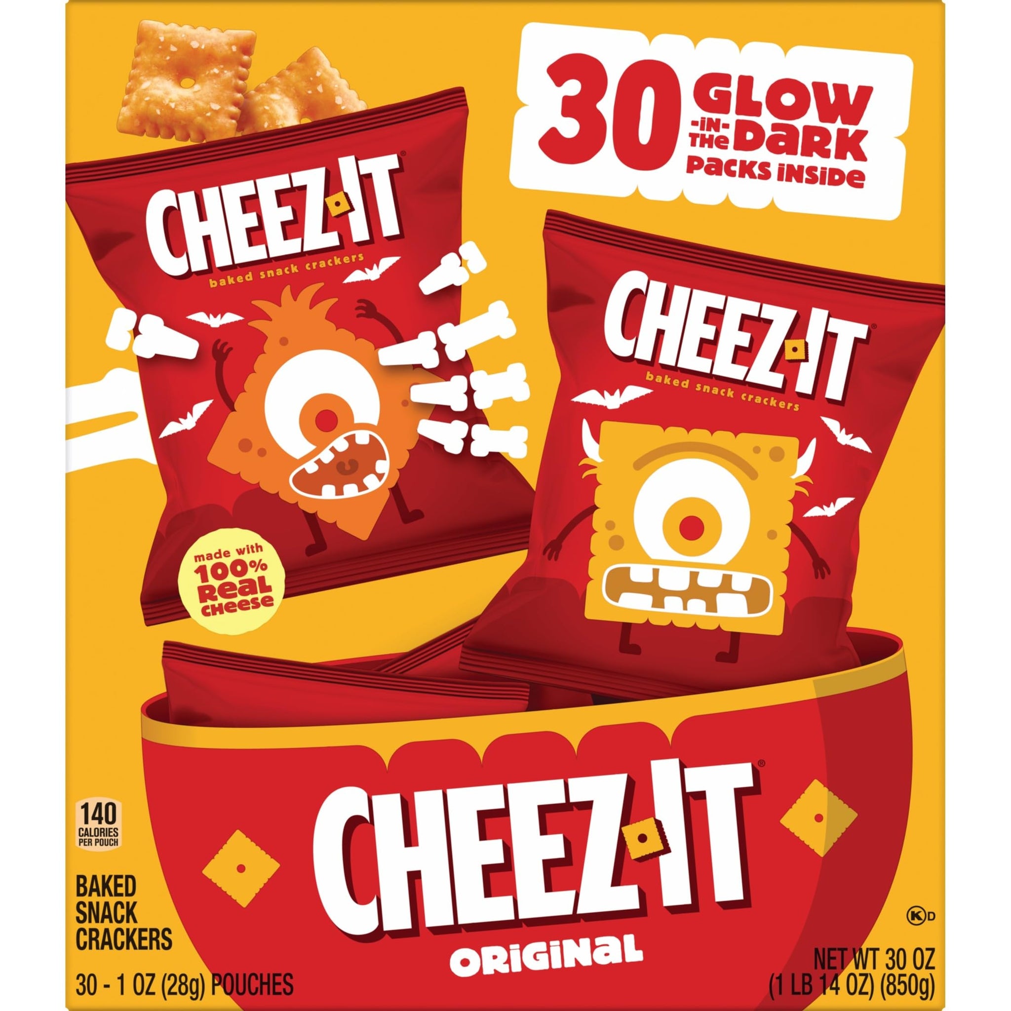 Cheez-It Cheese Crackers, Baked Snack Crackers, Halloween Snacks, Original, 30oz Box (30 Pouches)