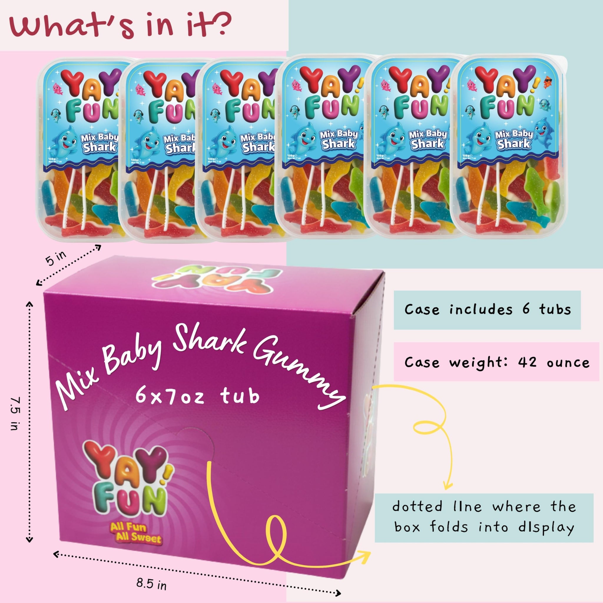 Halal Mix Baby Shark Gummy | 6 Pack Bundle (6x7 oz Tubs) | Assorted Color Shark-Shaped Gummy Candy| Resealable Tubs in Bulk with Display Box | Halal