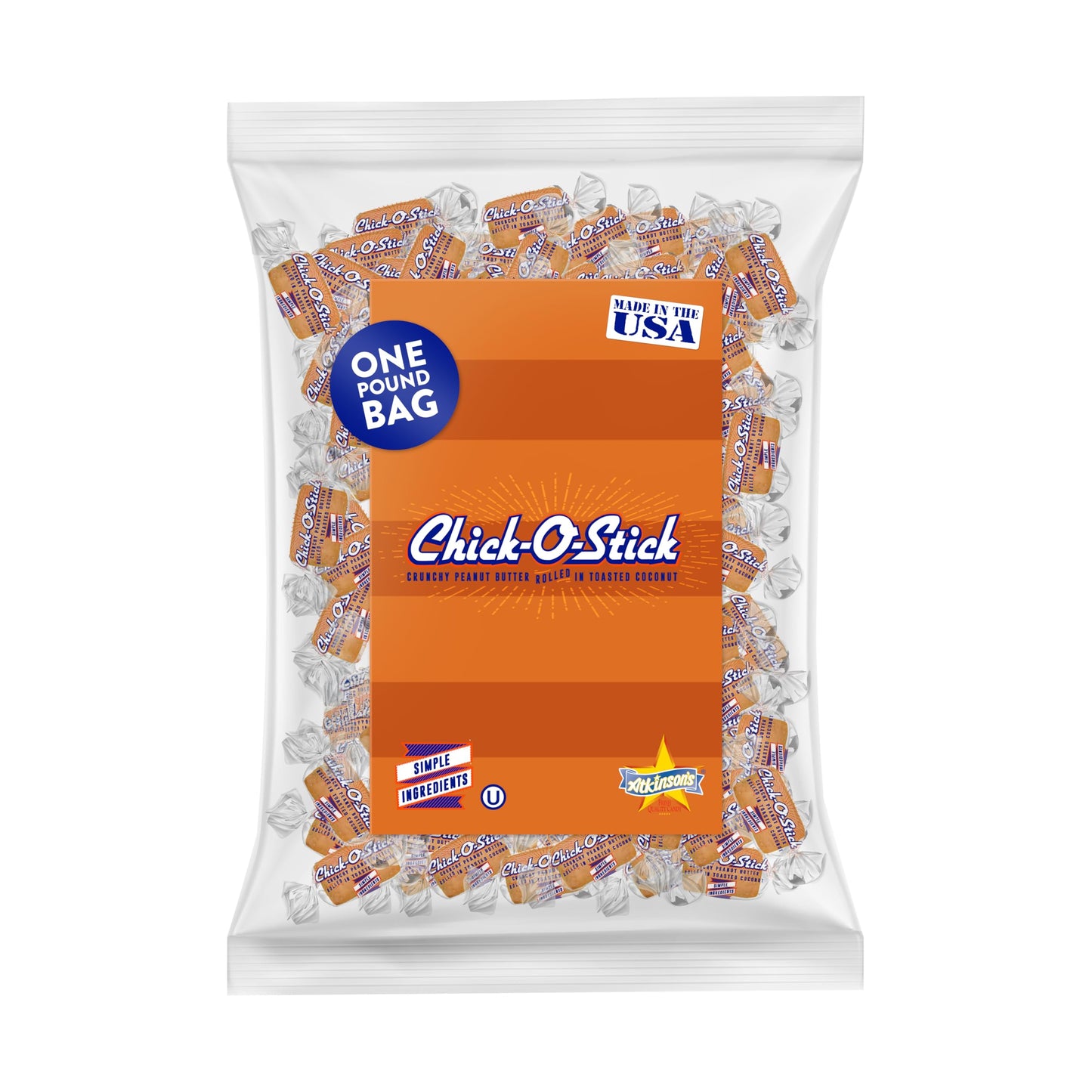 Atkinson's Chick-O-Stick Nuggets Peanut Butter Coconut Candy 1 lb Laydown Bag
