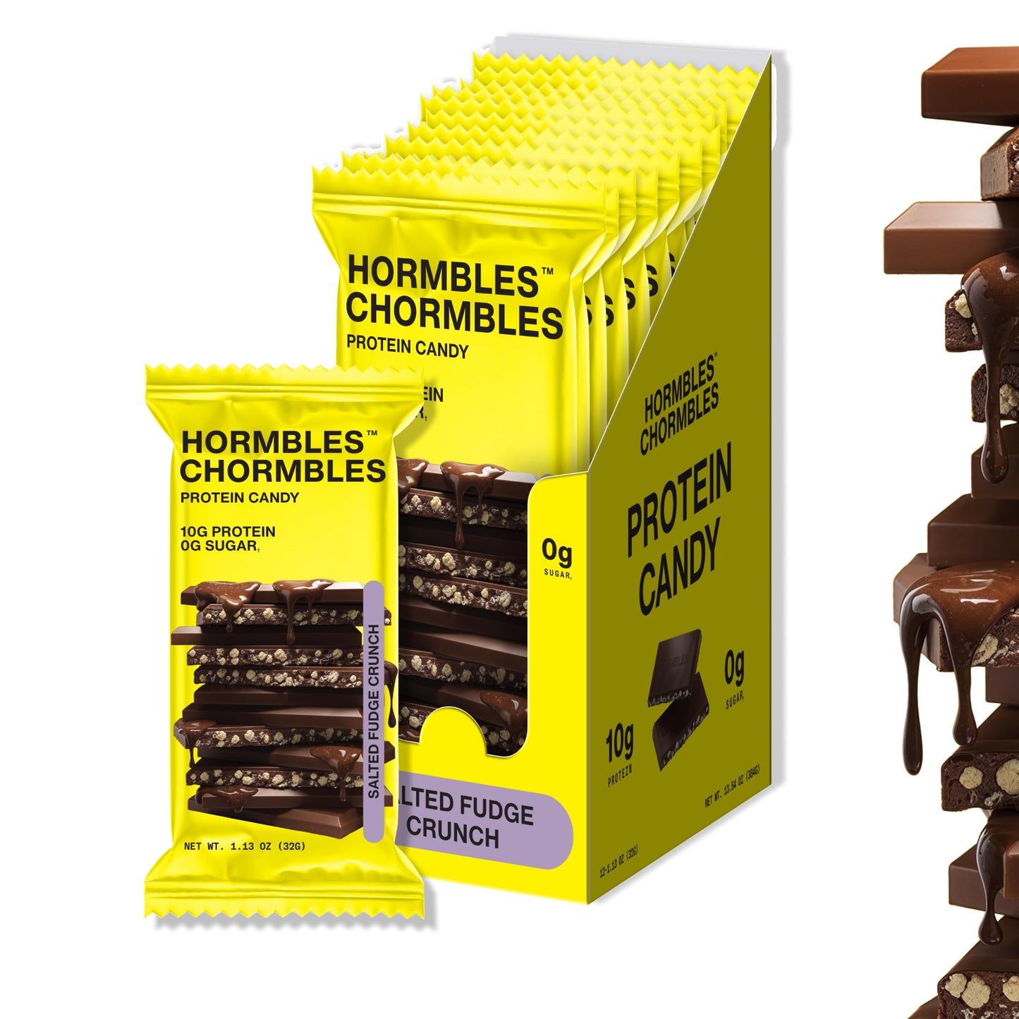 Hormbles Chormbles Protein Candy Bars, Salted Fudge, 10g Protein, 0g Sugar, 140 Calories, Fudge Chocolate Candy With Crunchy Pieces and Salt, Sugar