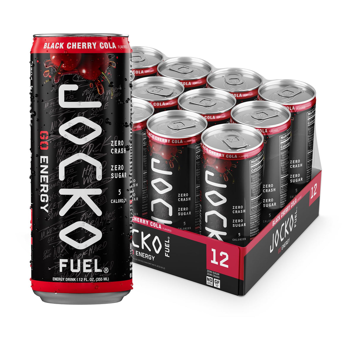 Jocko Fuel GO Energy Drinks, Black Cherry Cola - 95mg Caffeine with Added Adaptogens, Vitamin B12 & B6, & L Theanine for Mood & Focus Support, No