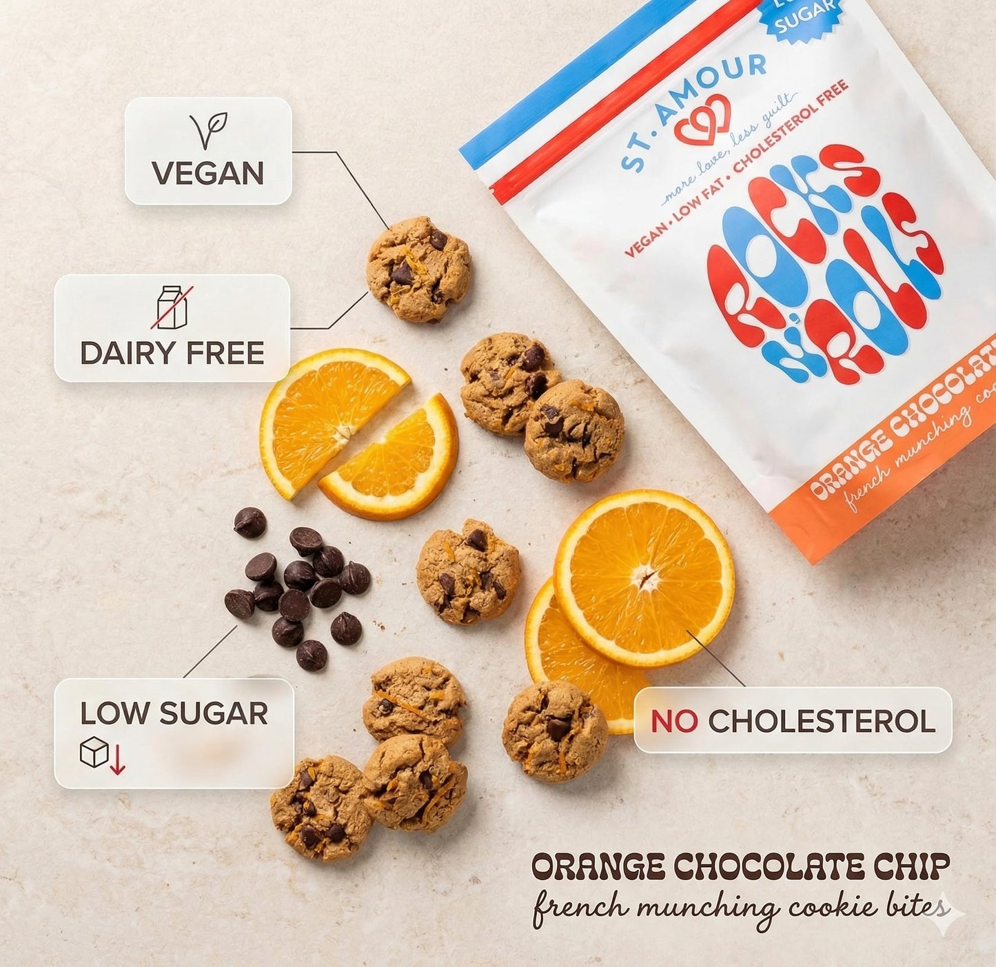 ST. AMOUR Rocks N' Rolls - Orange & Chocolate Chip French Vegan Munching Bites - Low Fat, Low Sugar - Dairy Free - Cholesterol Free - 10 oz Bag
