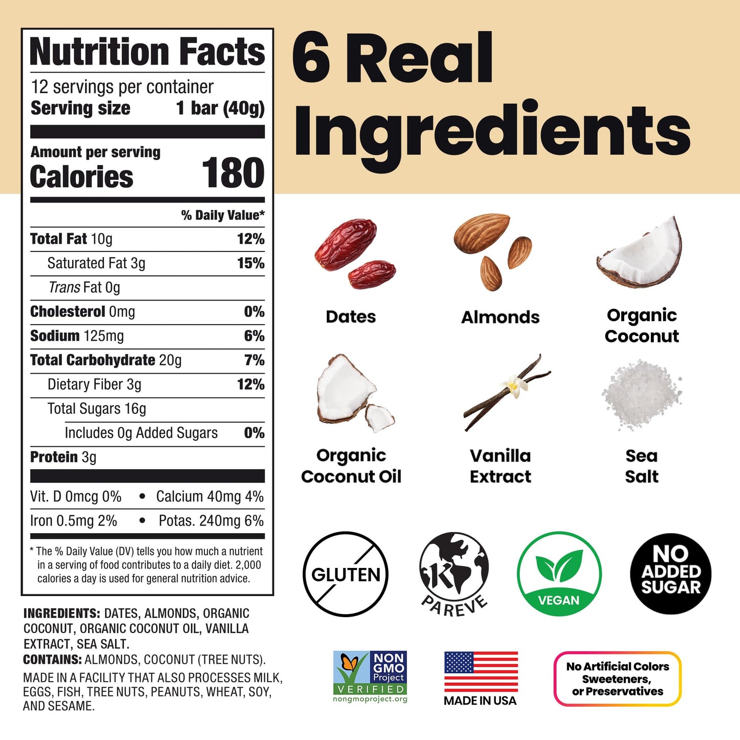Bahamii Coconut Vanilla Date and Energy Bars, Healthy Snacks and Breakfast Bars for Kids and Adults, No Sugar Added, Gluten Free, High Fiber, Vegan