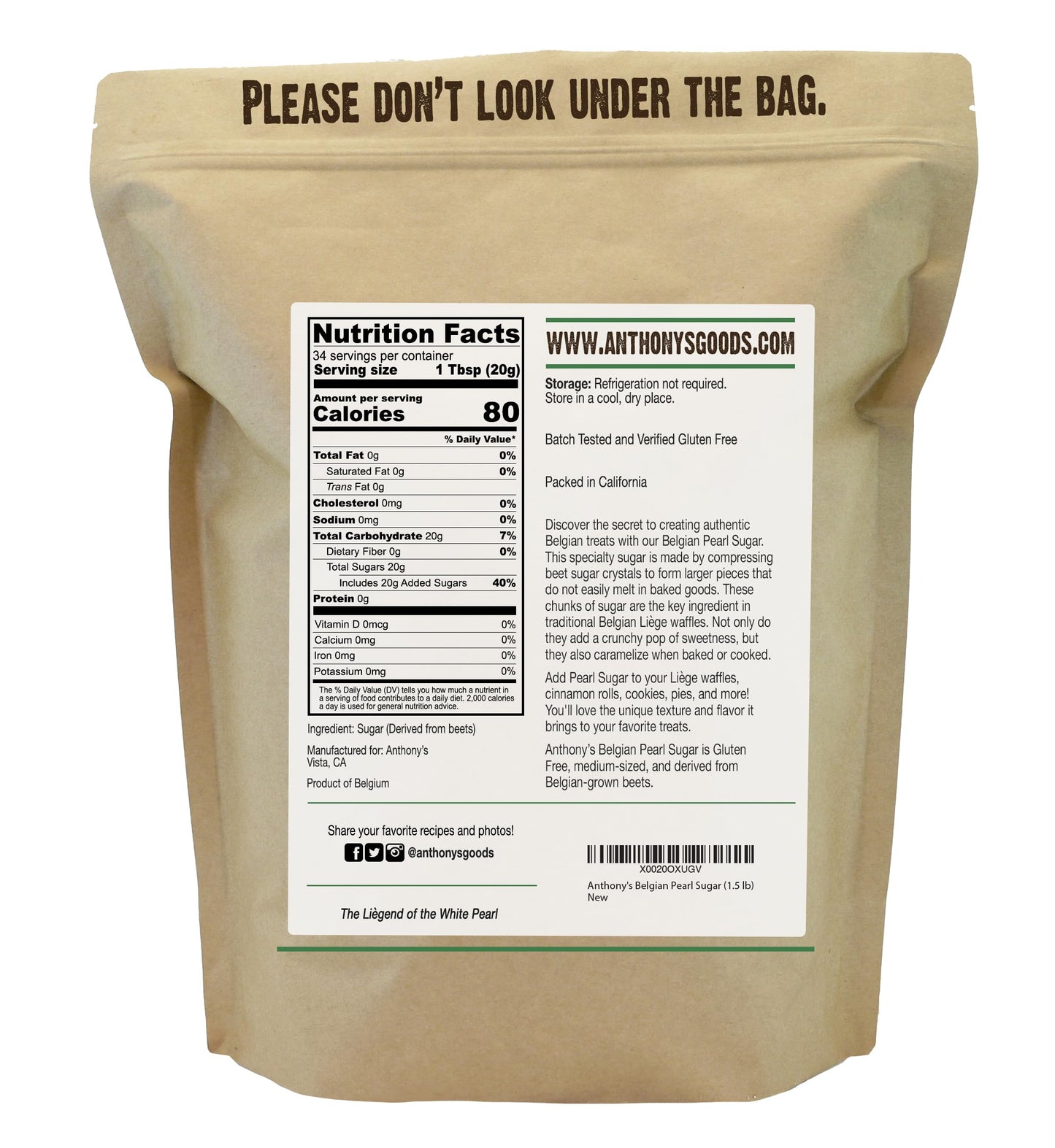 Anthony's Belgian Pearl Sugar, 1.5 lb, Batch Tested and Verified Gluten Free, Medium Sized Pearls