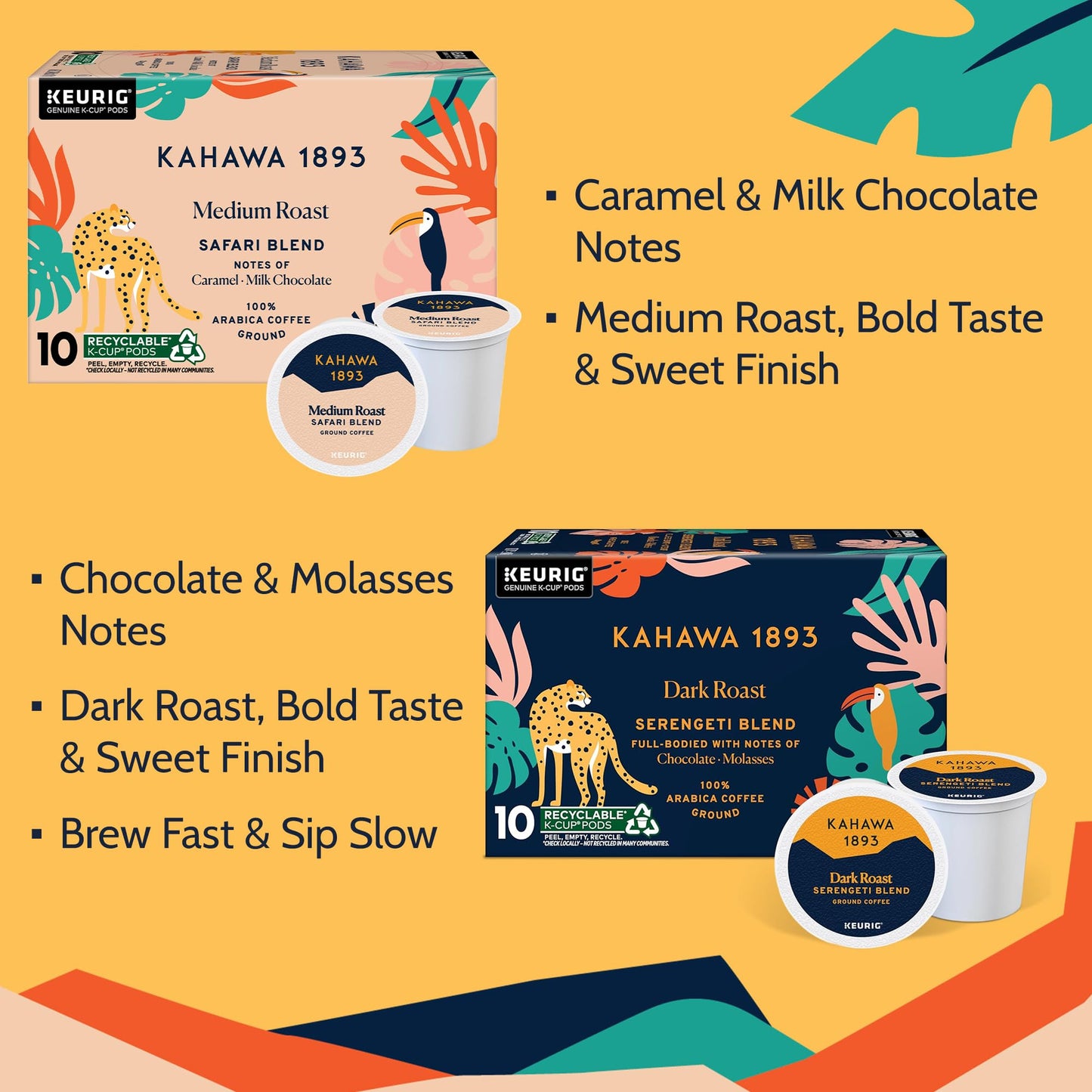 Kahawa 1893 Variety Pack Coffee K-Cup Pods - Safari & Serengeti Blend (40 Count) - As Seen on Shark Tank, 1 Box Medium Roast + 1 Box Dark Roast