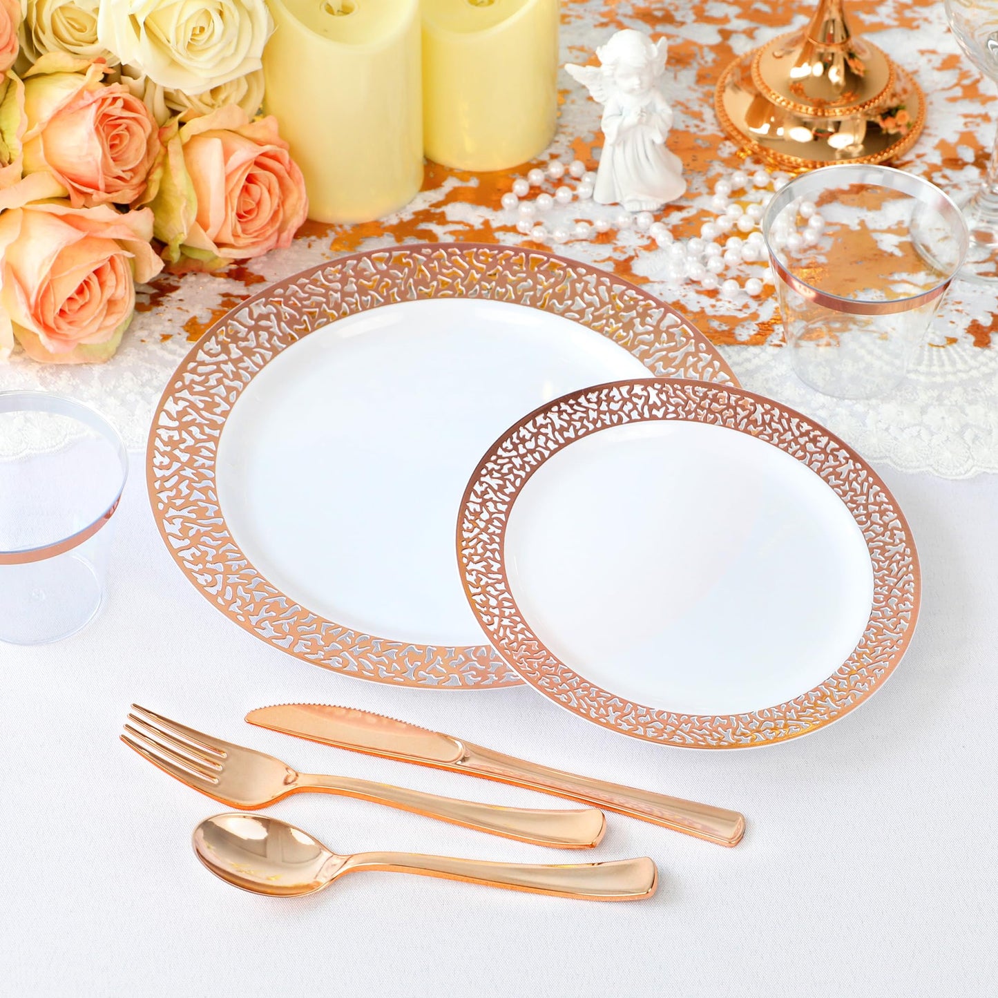 Sylans 700PCS Rose Gold Lace Disposable Dinnerware Set for 100 Guests, Plastic Plates Set Elegant Heavy Duty 200 Dinner Dessert Plates, 100