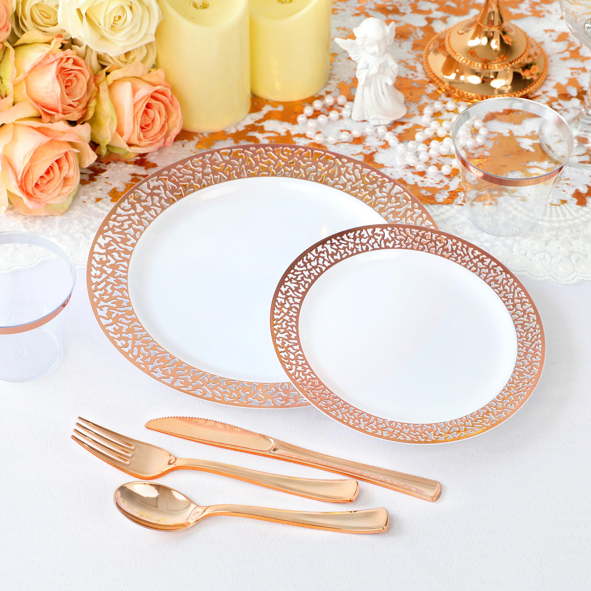 Sylans 700PCS Rose Gold Lace Disposable Dinnerware Set for 100 Guests, Plastic Plates Set Elegant Heavy Duty 200 Dinner Dessert Plates, 100