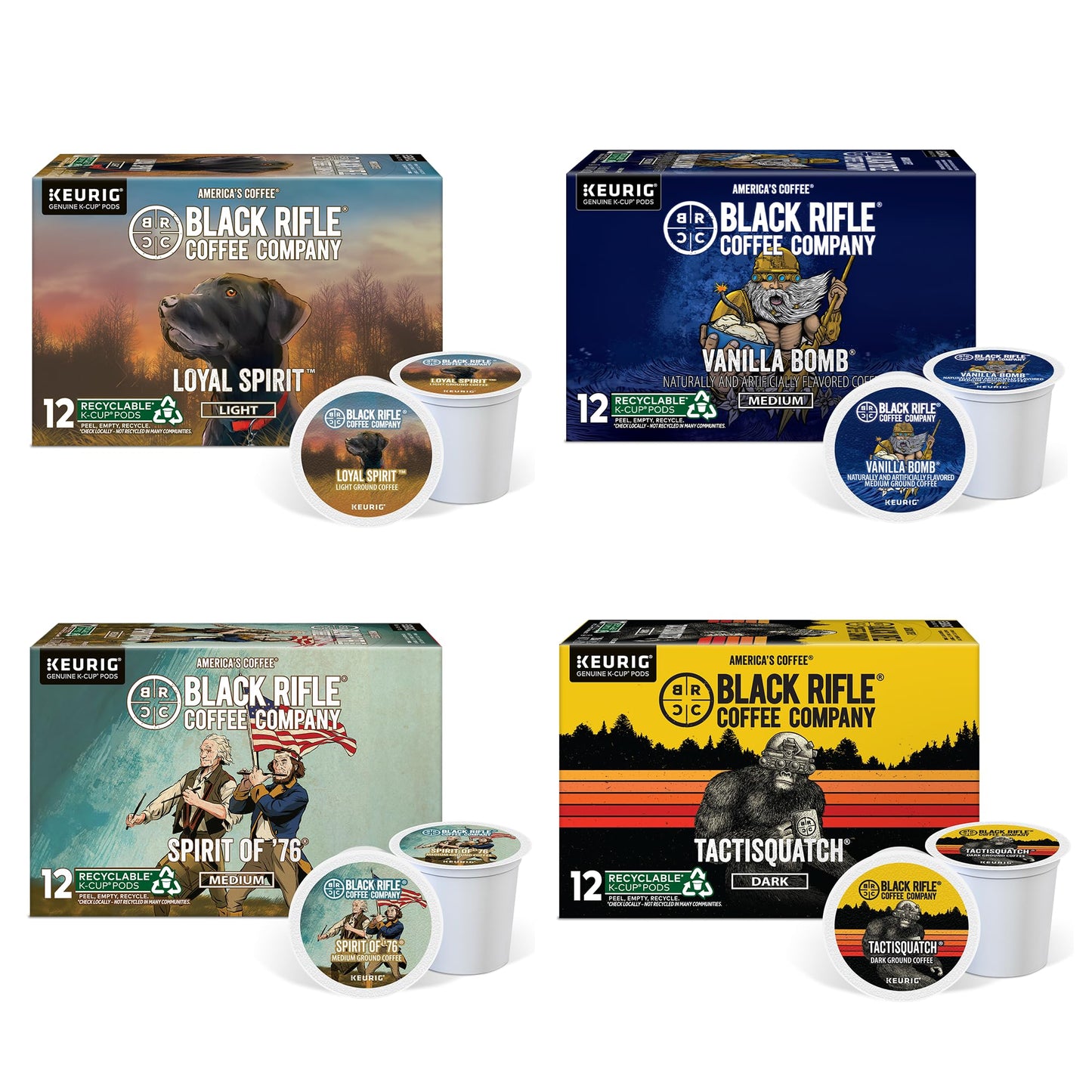 Black Rifle Coffee Flavored Variety 48 Pods - Loyal Spirit (Light Roast), Vanilla Bomb & Spirit of 76' (Medium Roast), Tactisquatch (Dark Roast) - K