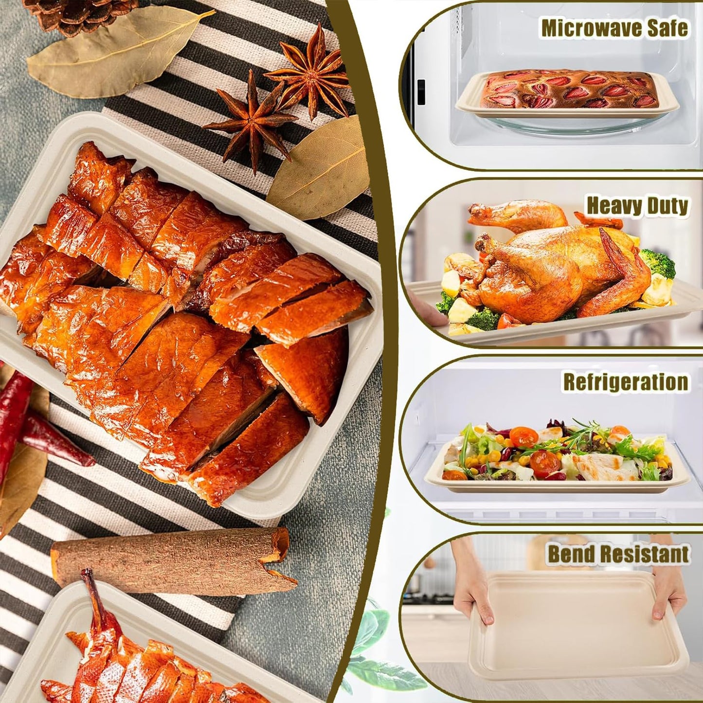 Yihurlm 50 Pack Disposable Food Trays,14 Inch Extra Large Paper Plates,Heavy Duty Disposable Trays,Compostable Food Serving Trays, Biodegradable