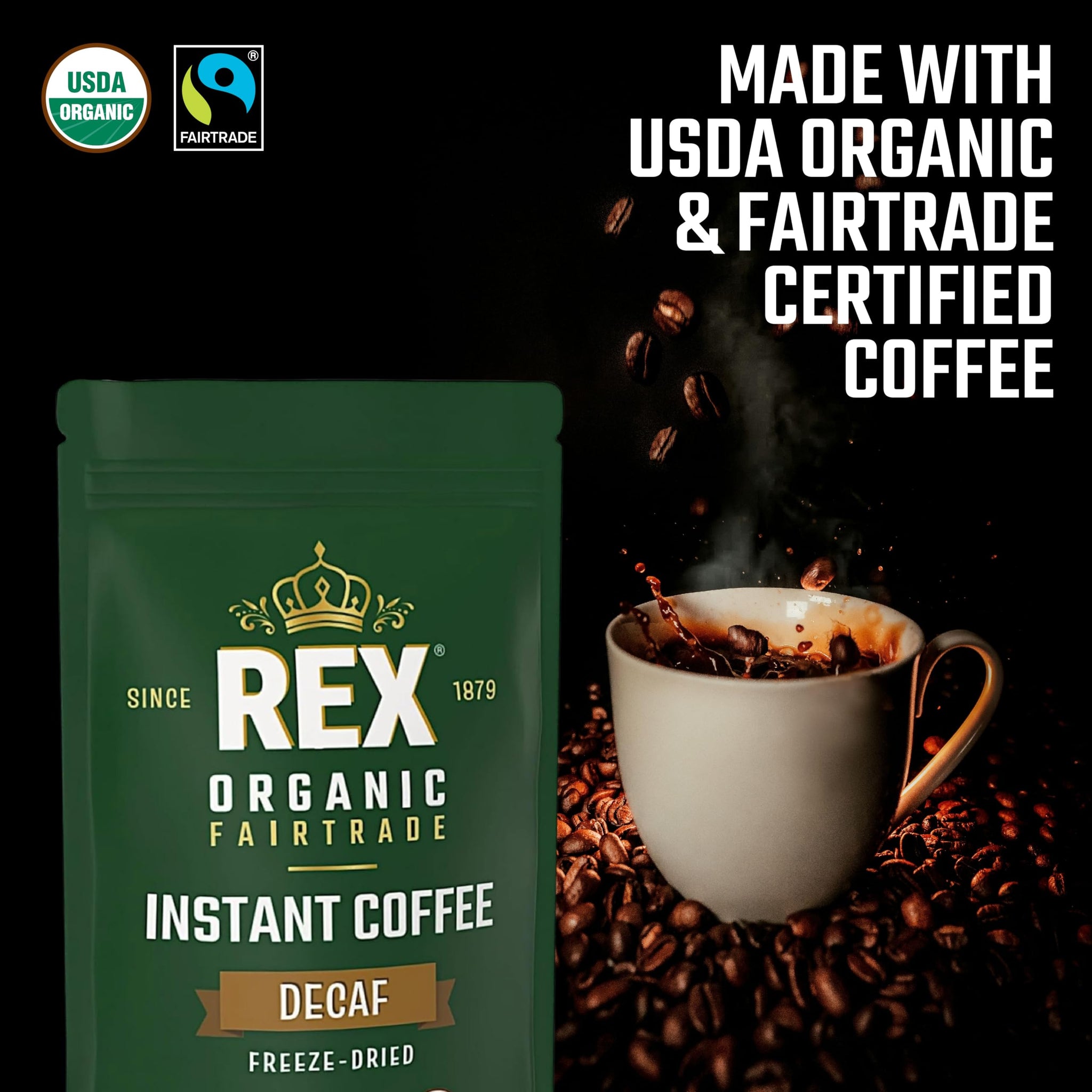 Rex Coffee Organic Fairtrade Natural Decaf Freeze-Dried Instant Coffee - Naturally Decaffeinated Arabica, 7.05 oz Resealable Pouch Bag - Lab Tested