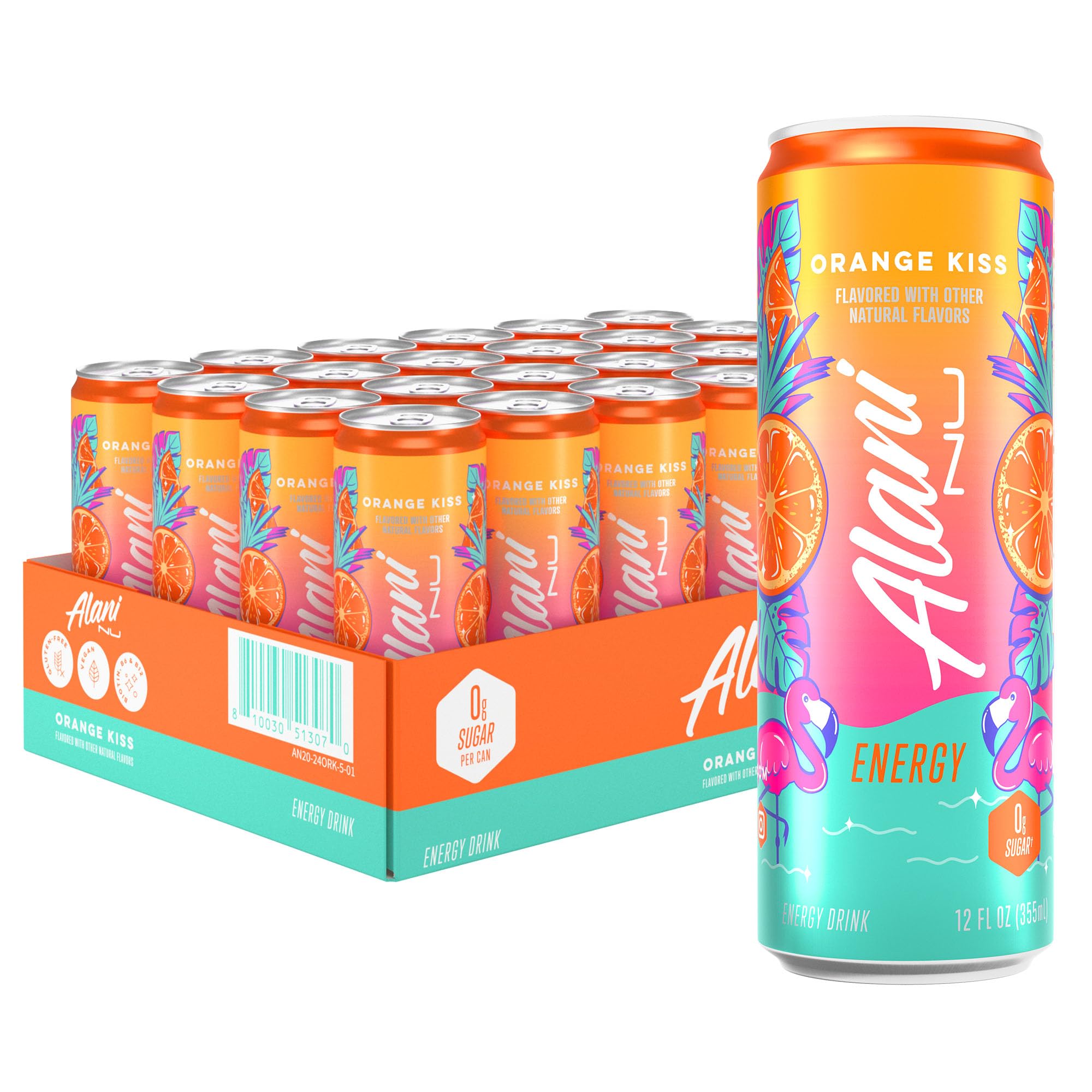 Alani Nu ORANGE KISS Ice Sugar Free, Low Calorie Energy Drinks | 200mg Caffeine | Antioxidants | Biotin, B Vitamins | Zero Sugar | 15 Calories or Less