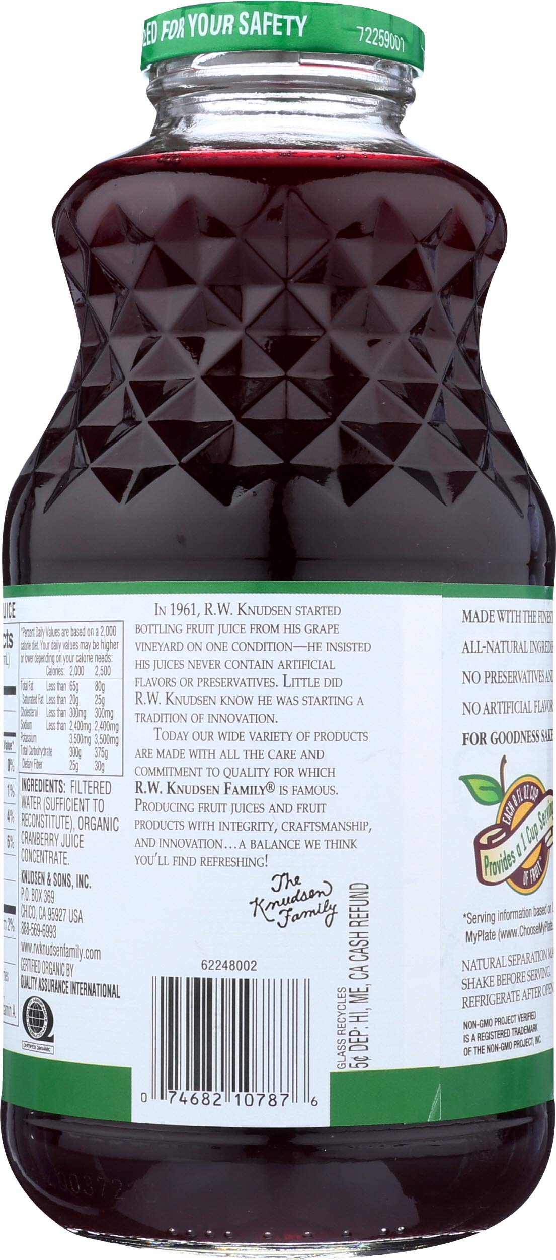 R.W. KNUDSEN, Juice, Og2, Just Cranberry, Pack of 6, Size 32 FZ, (Gluten Free GMO Free 95%+ Organic)