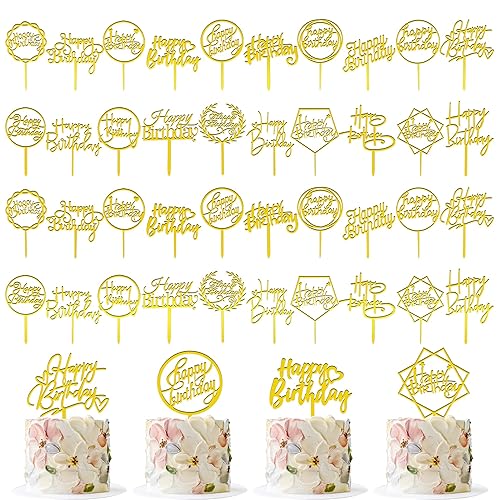40 PCS Gold Happy Birthday Cake Topper Acrylic Cupcake Topper A Series of Birthday Cake Supplies Decorations 20 Styles
