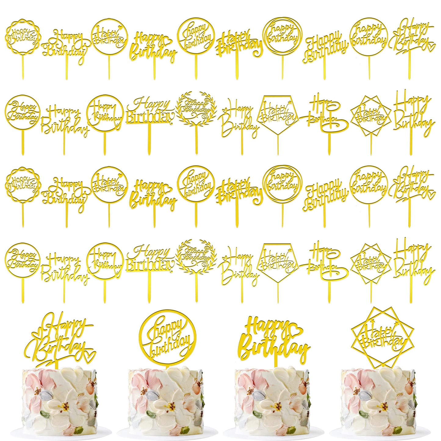 40 PCS Gold Happy Birthday Cake Topper Acrylic Cupcake Topper A Series of Birthday Cake Supplies Decorations 20 Styles
