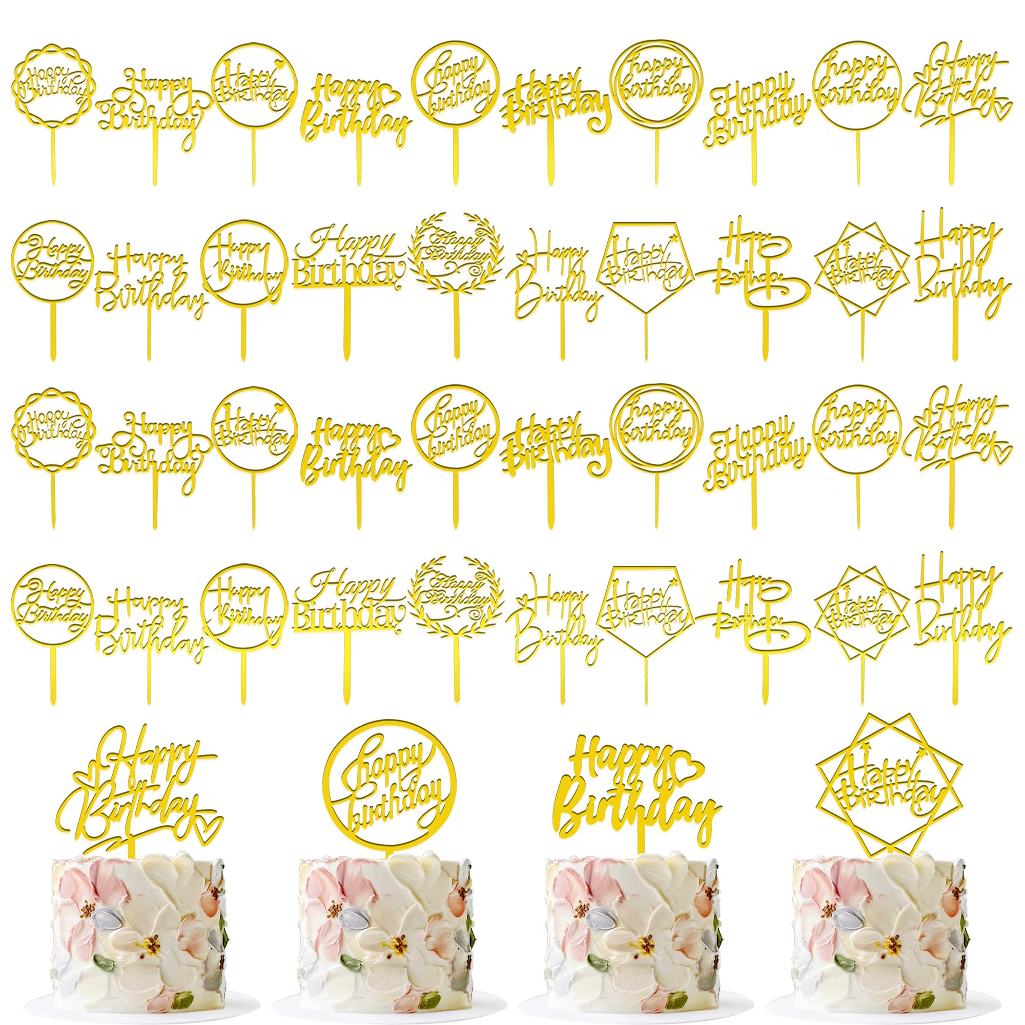 40 PCS Gold Happy Birthday Cake Topper Acrylic Cupcake Topper A Series of Birthday Cake Supplies Decorations 20 Styles